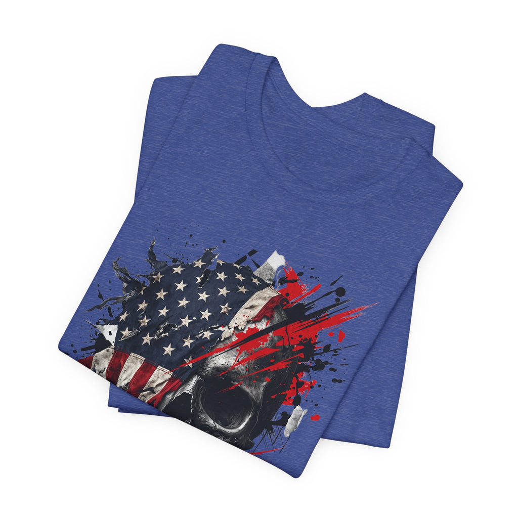 Blue crew-neck T-shirt with patriotic flag skull graphic in black, red, and white.