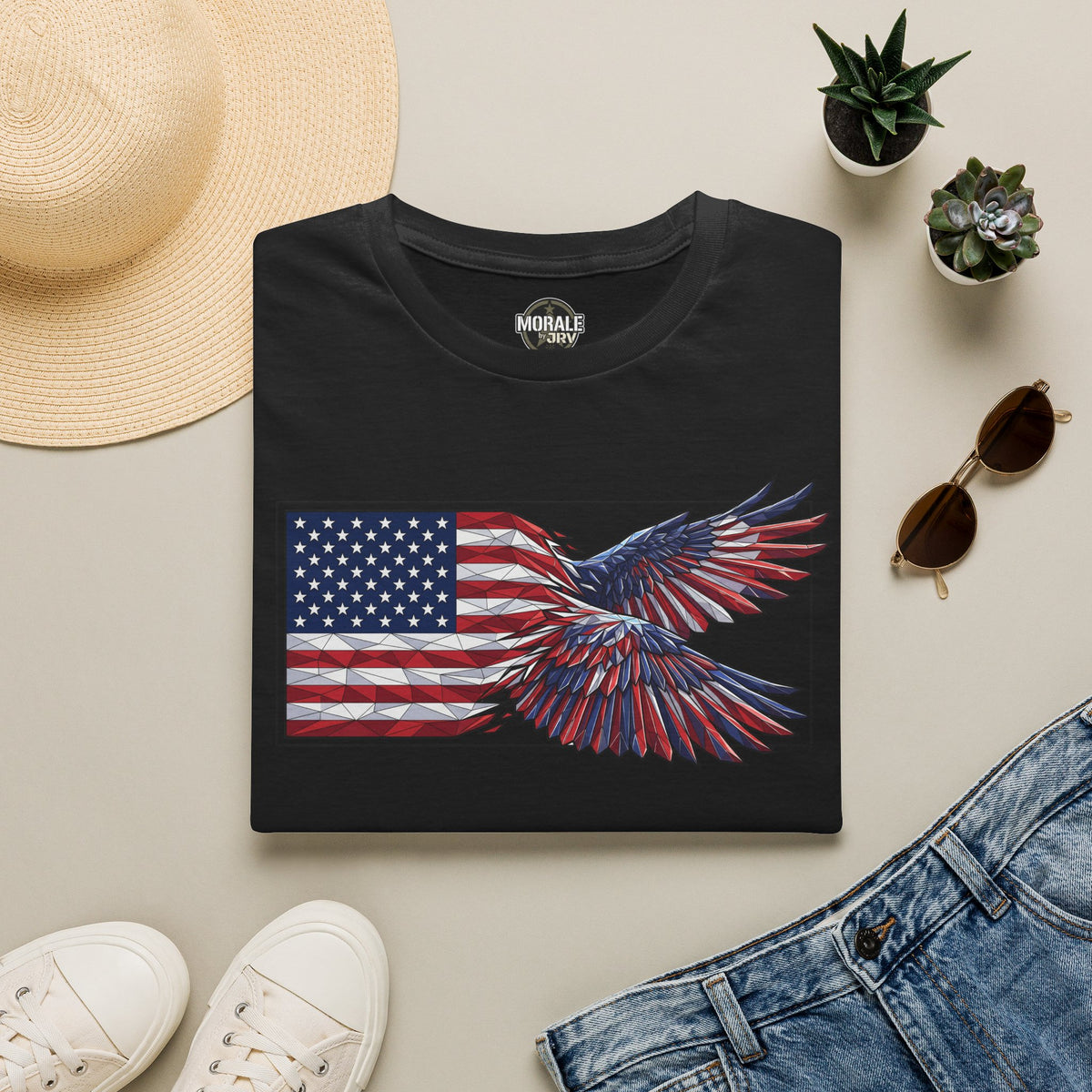 Black crewneck T-shirt with American flag eagle graphic on the chest