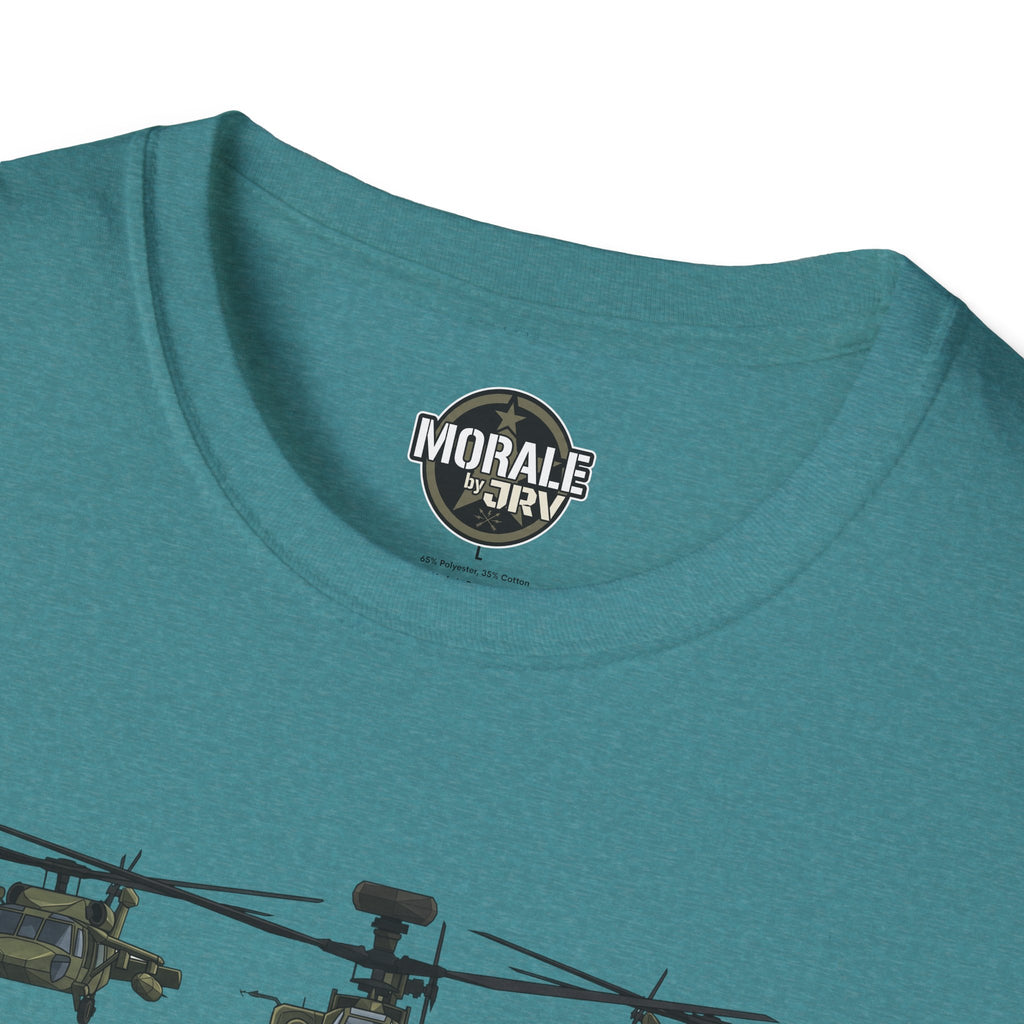 Teal T-shirt back neckline with round “MORALE by DRV” emblem
