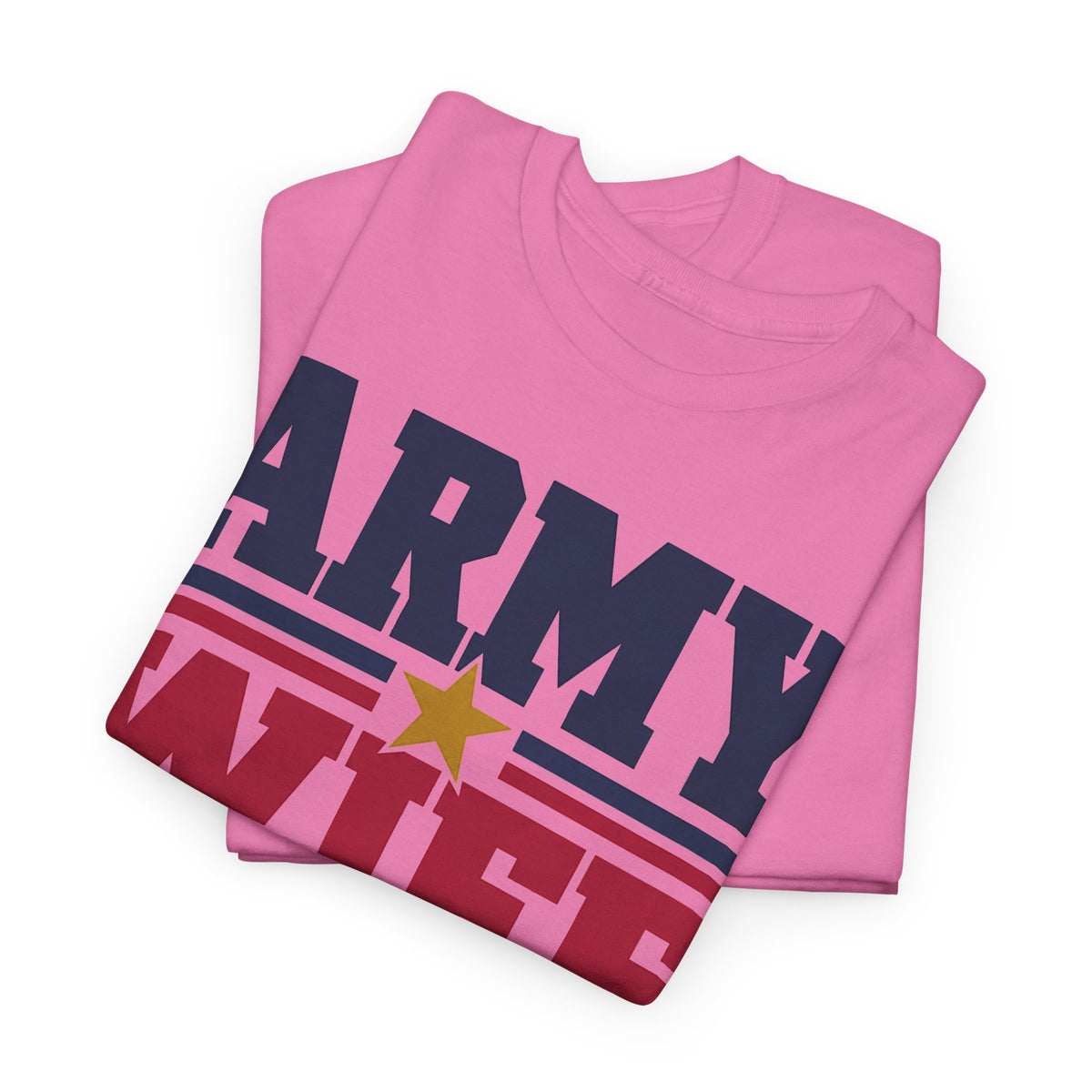 Pink crew-neck T-shirt with patriotic star and “ARMY” front graphic.