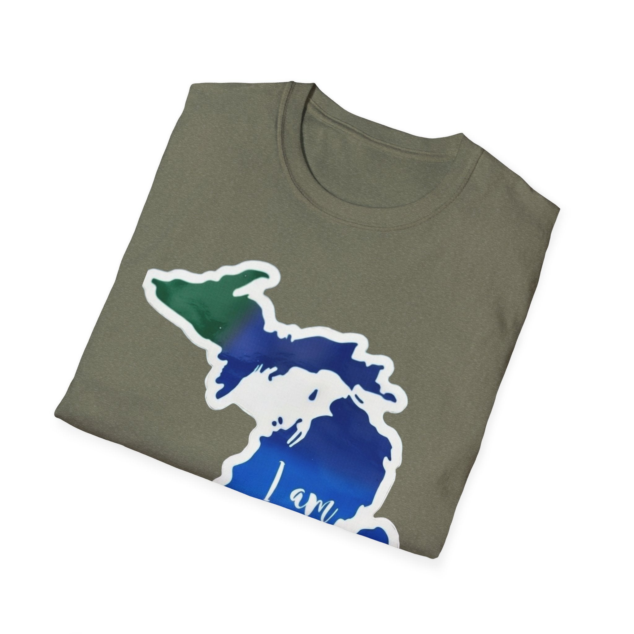 Michigan state map heart T-shirt in olive with colorful state outline graphic