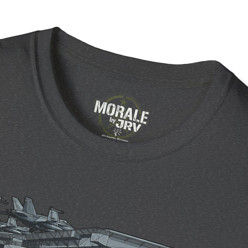 Neck label on dark heather T-shirt with 'MORALE by TRV' text