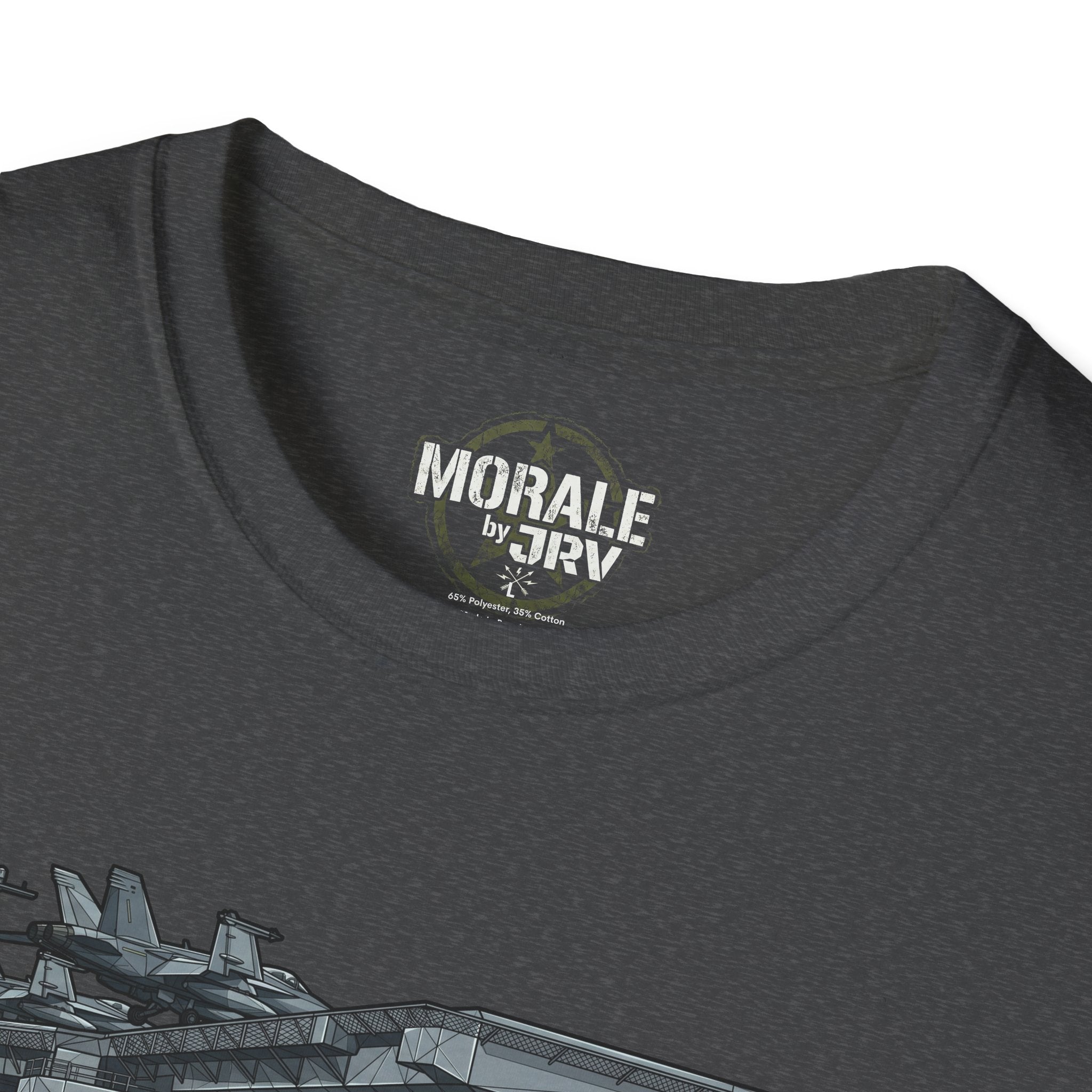 Neck label on dark heather T-shirt with 'MORALE by TRV' text