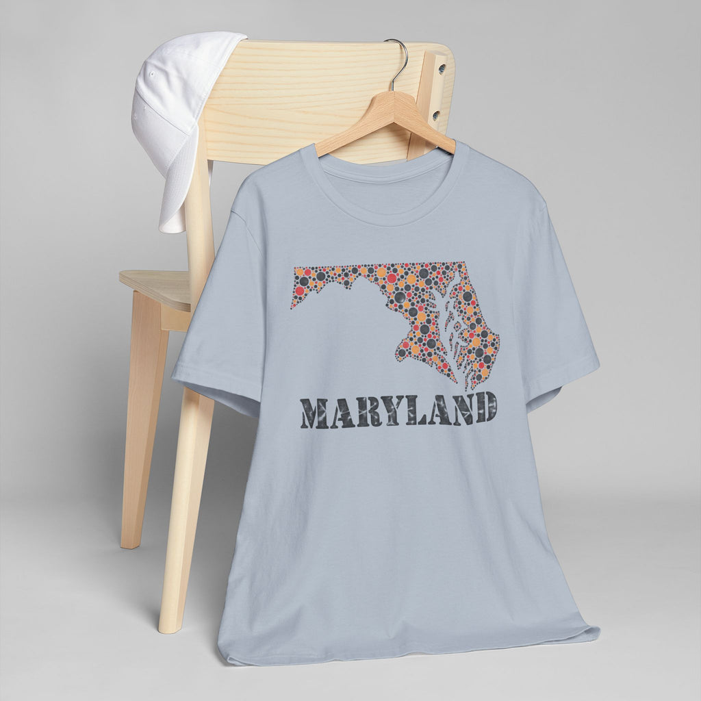Light blue T-shirt with Maryland floral map graphic and MARYLAND