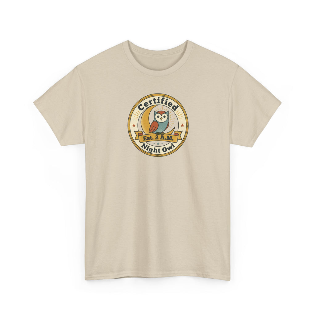 Beige T-shirt with "Certified Night Owl" owl badge graphic on chest