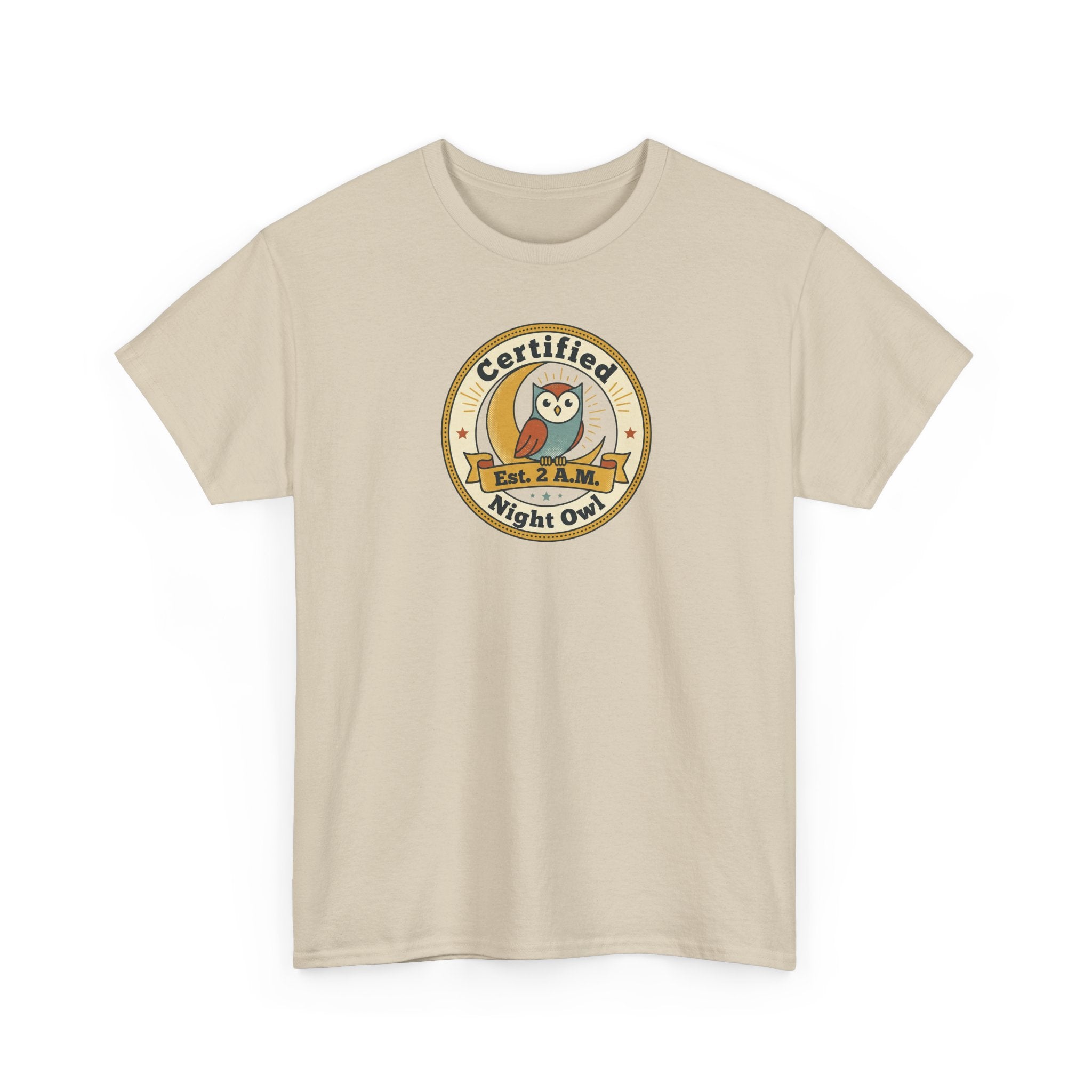 Beige T-shirt with "Certified Night Owl" owl badge graphic on chest