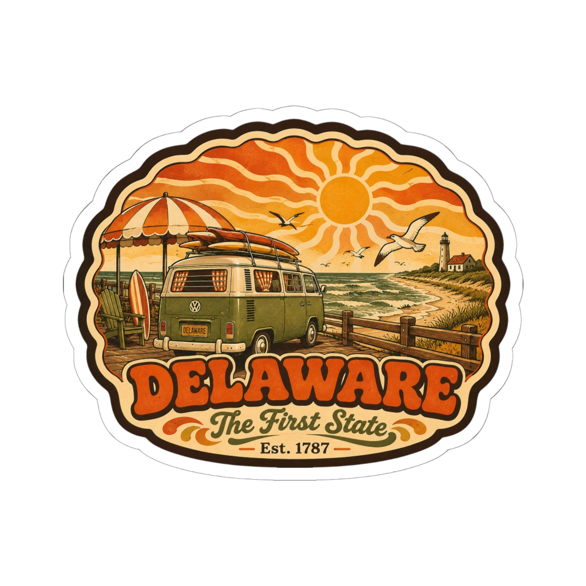 Kiss-cut oval Delaware sticker with vintage van, beach dock, and “The First State” text