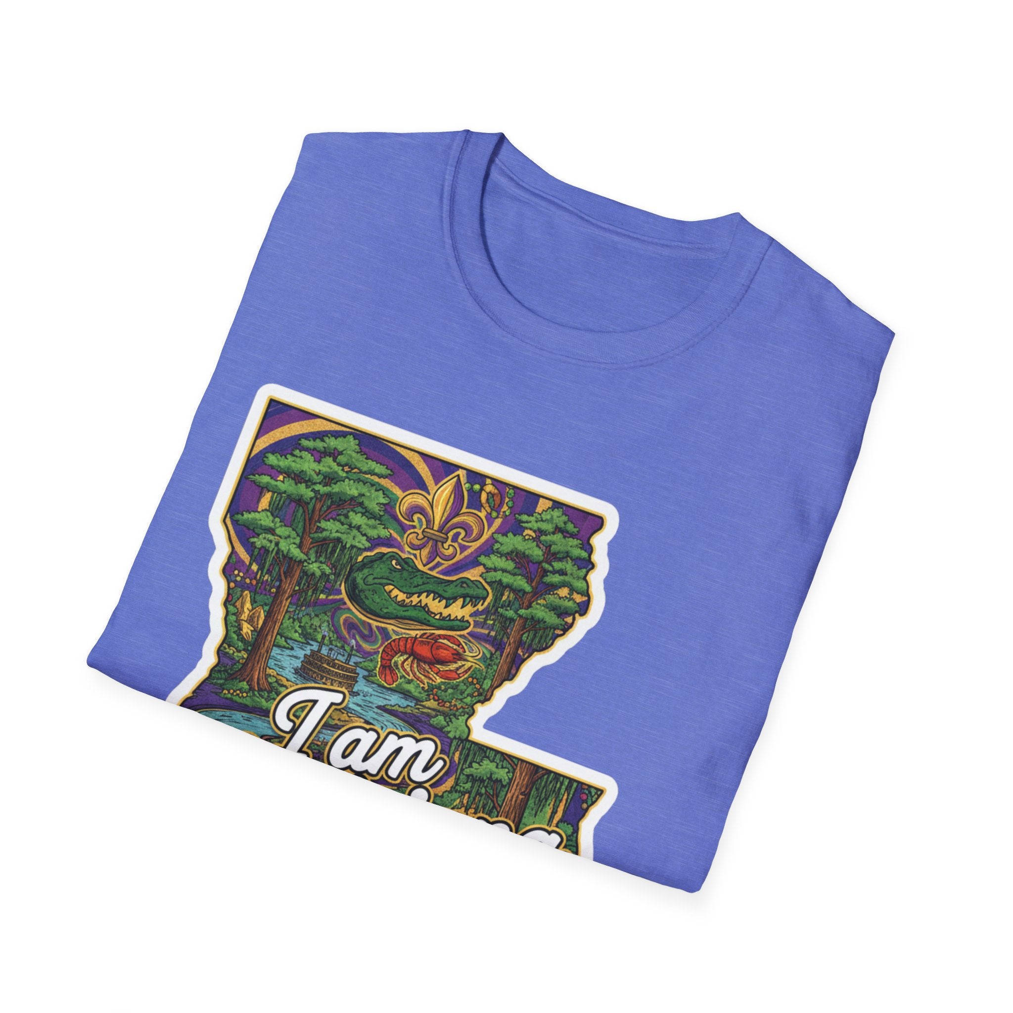 Light blue T-shirt with Louisiana map Mardi Gras graphic and 'I Am' text