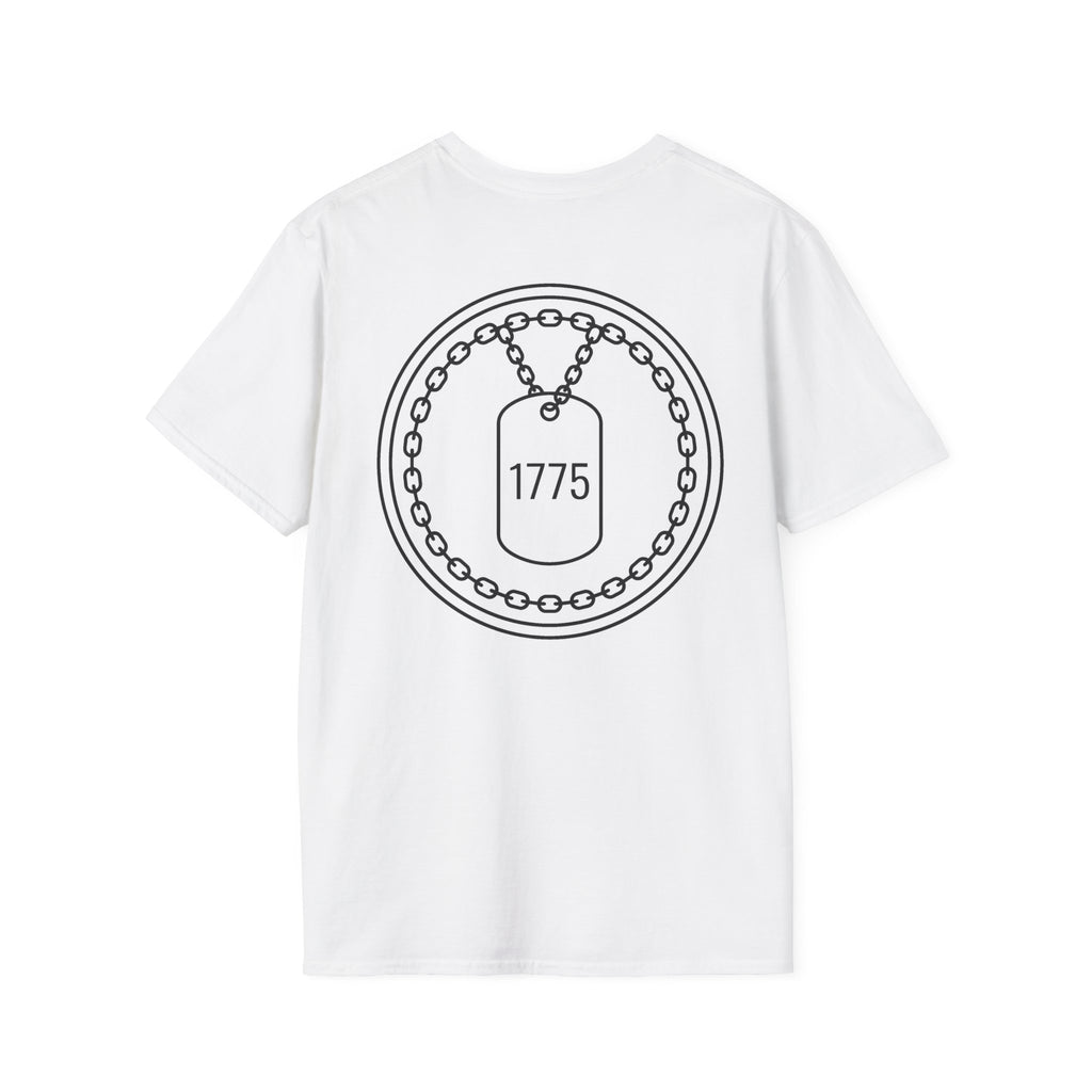 White T-shirt with circular dog tag graphic reading 1775
