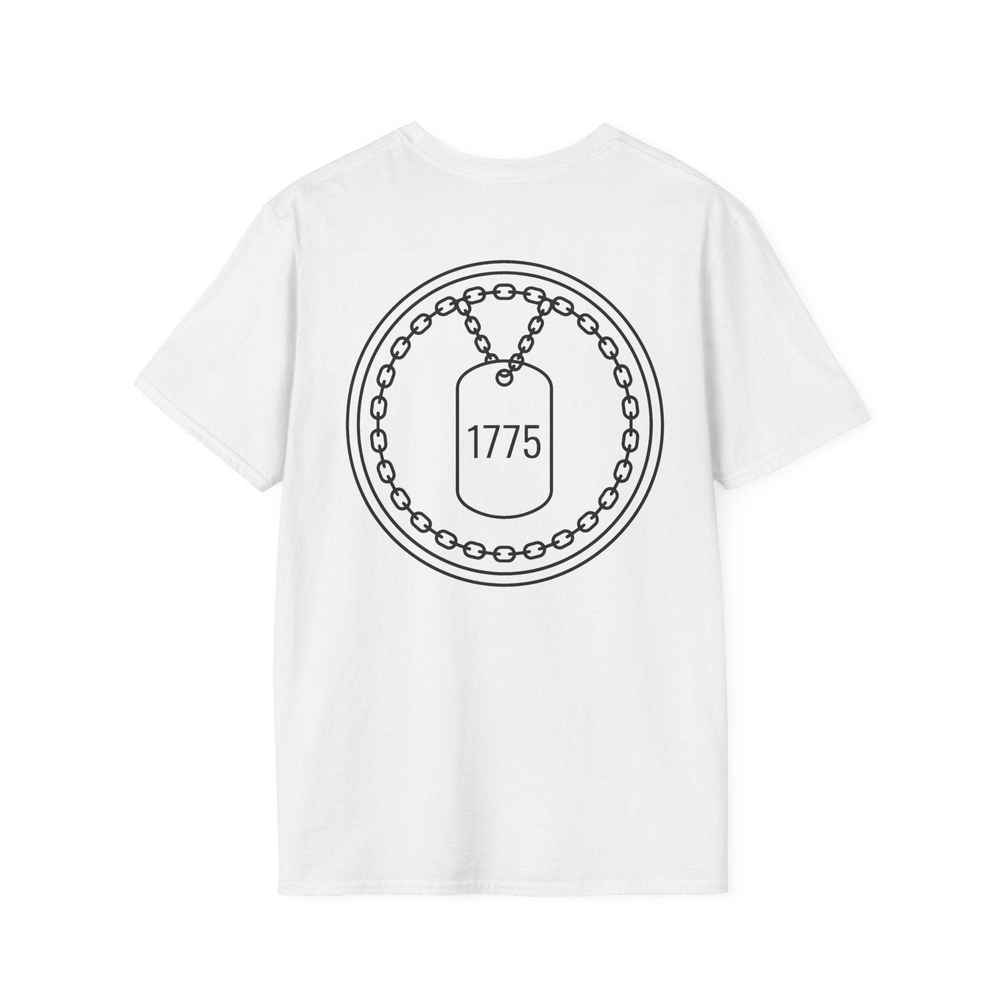 White T-shirt with circular dog tag graphic reading 1775