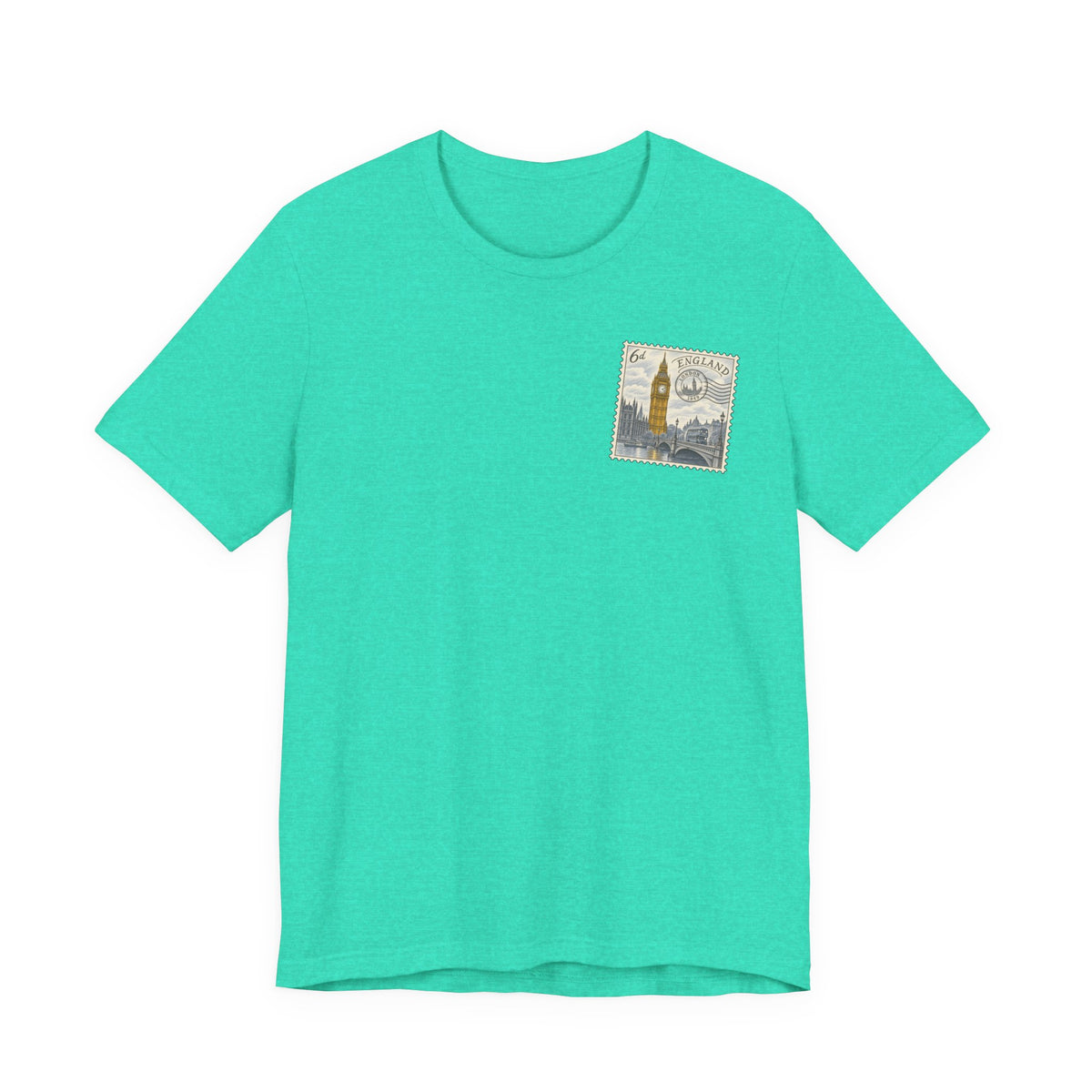 Men's teal travel t-shirt with small vintage postage stamp-style tower graphic