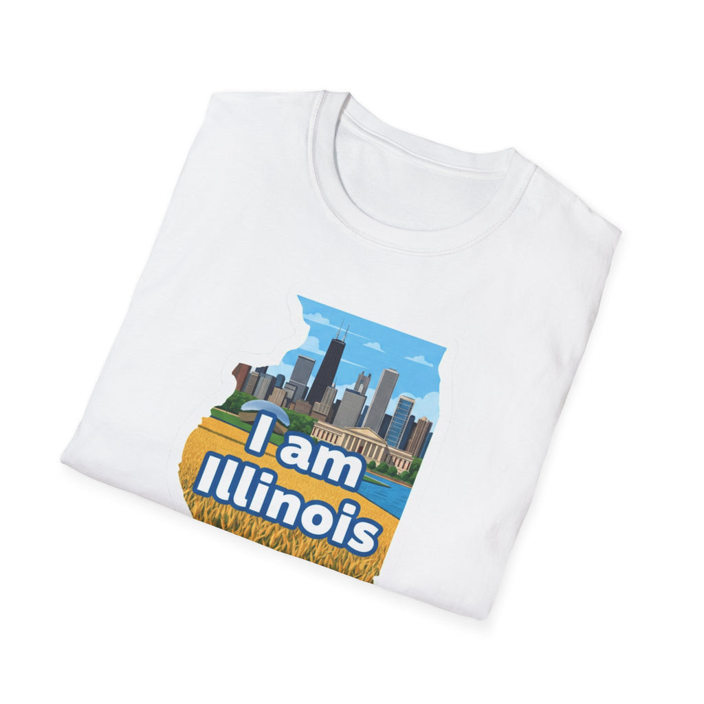 White I Am Illinois T-shirt featuring Illinois map skyline and farmland “I am Illinois”