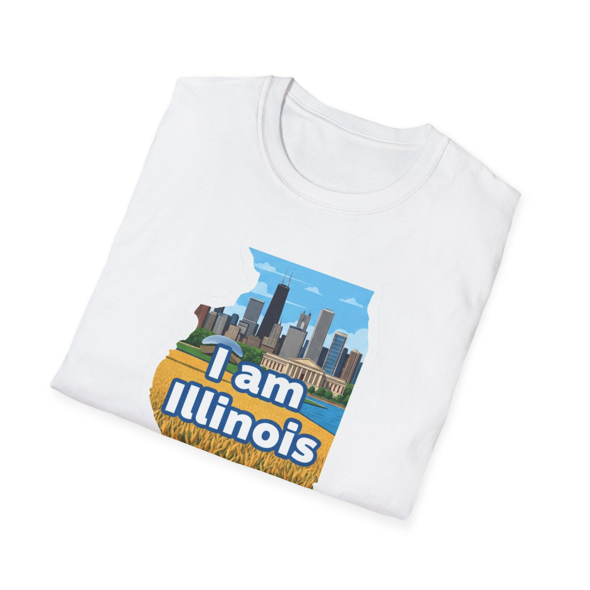 White I Am Illinois T-shirt featuring Illinois map skyline and farmland “I am Illinois”