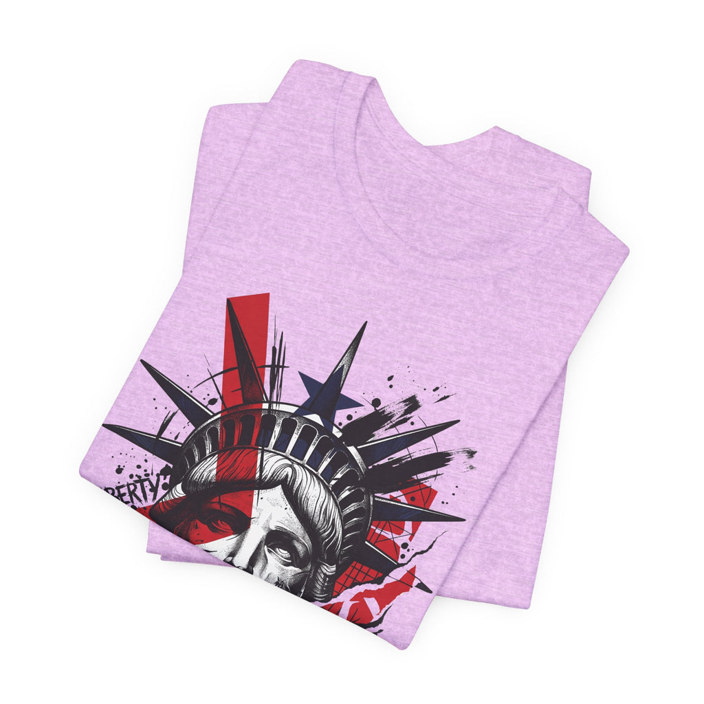 Light purple heather graphic T-shirt with Liberty statue head portrait, red accents