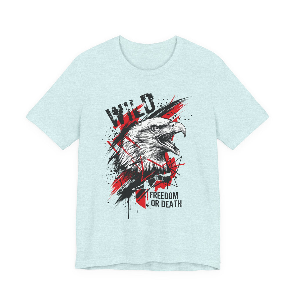 Light blue t-shirt with eagle head graphic and “Freedom or Death” text
