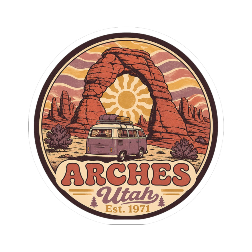 Round sticker with red rock arch scene, camper van, and "Utah Est. 1971" text