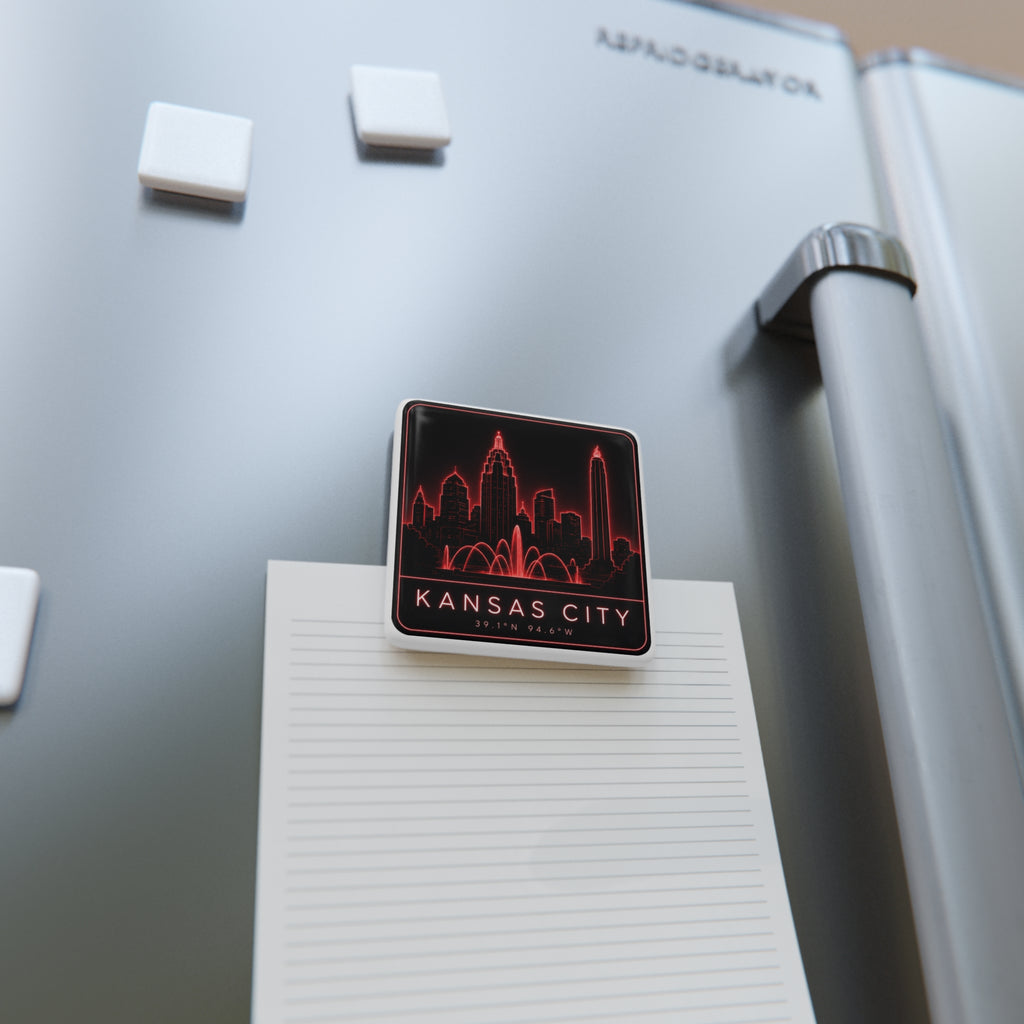 Square porcelain magnet with red neon Kansas City skyline on a notebook page