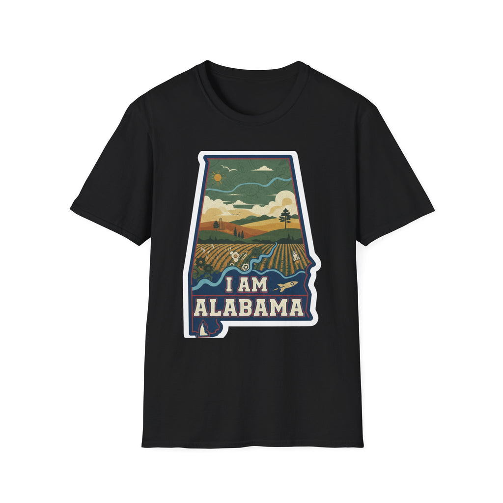 I Am Alabama T-shirt, black crew tee with “I AM ALABAMA” state landscape graphic