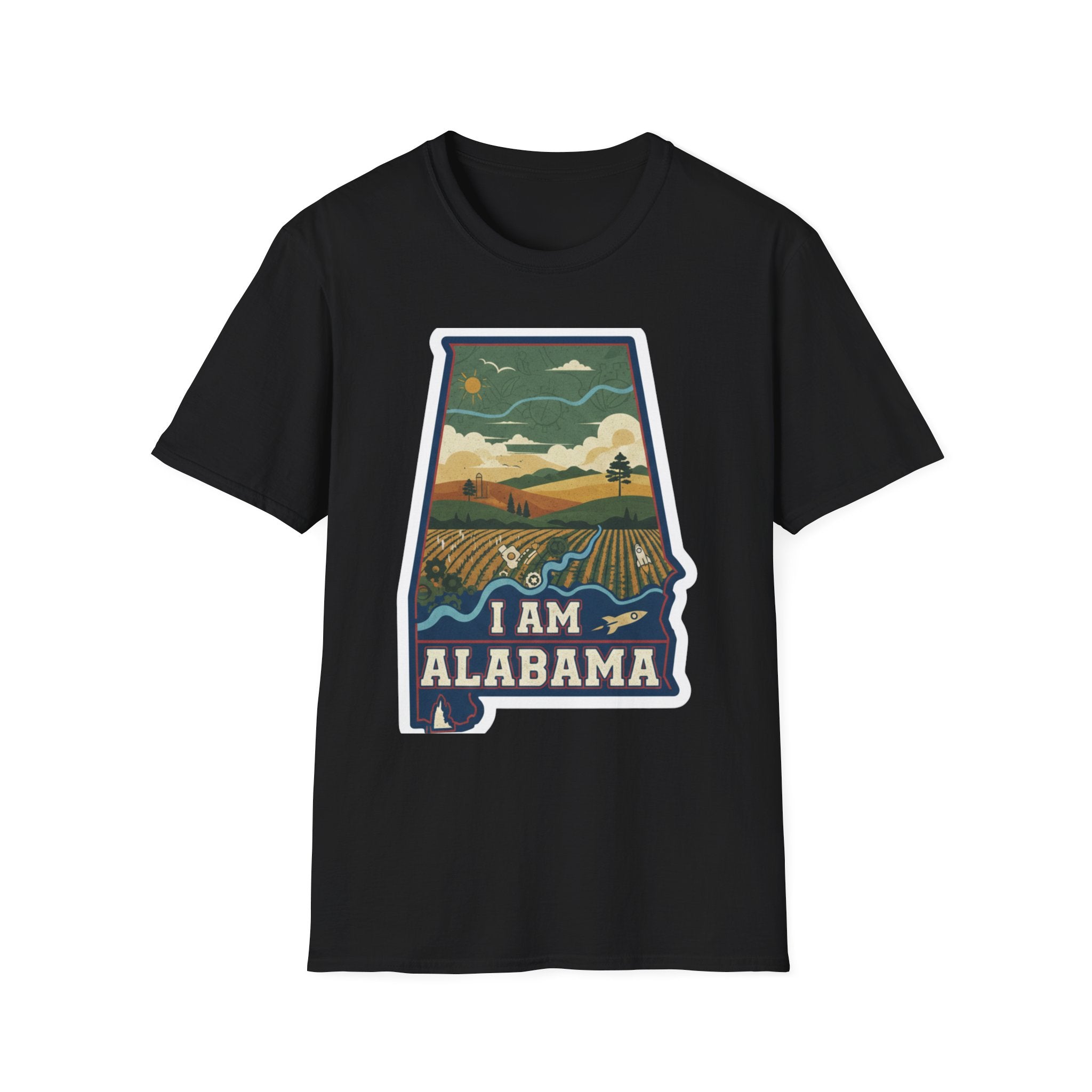 I Am Alabama T-shirt, black crew tee with “I AM ALABAMA” state landscape graphic