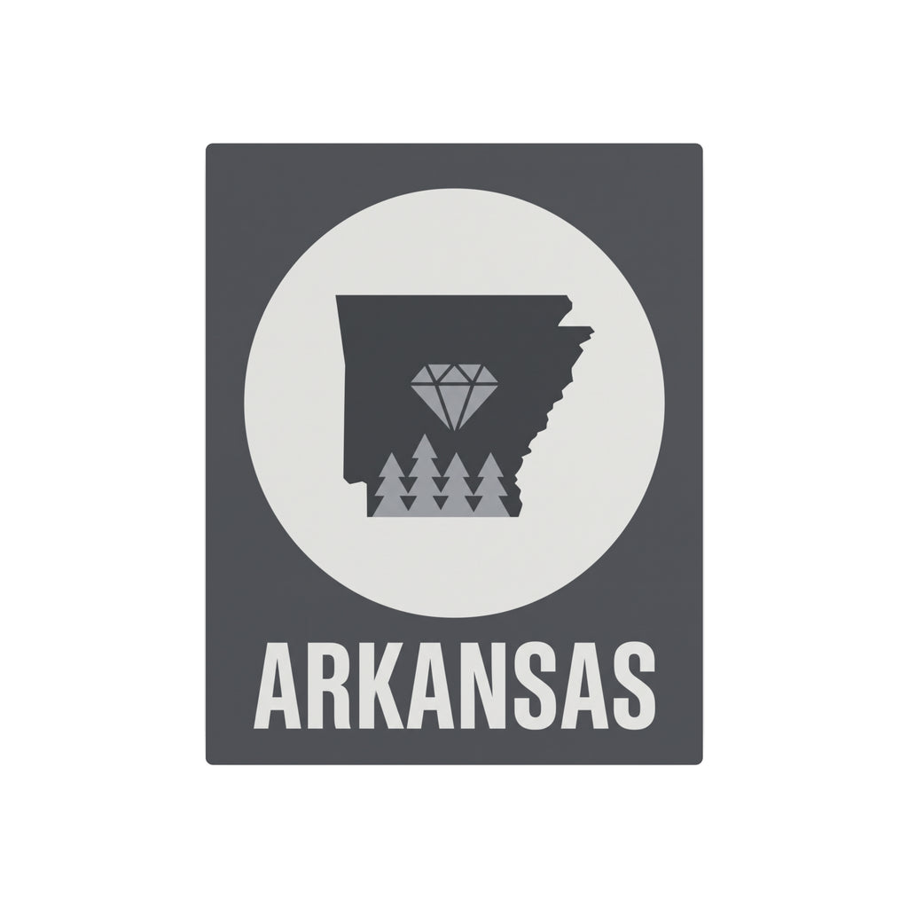 Arkansas metal wall sign, dark gray square with white circle and diamond-pines silhouette