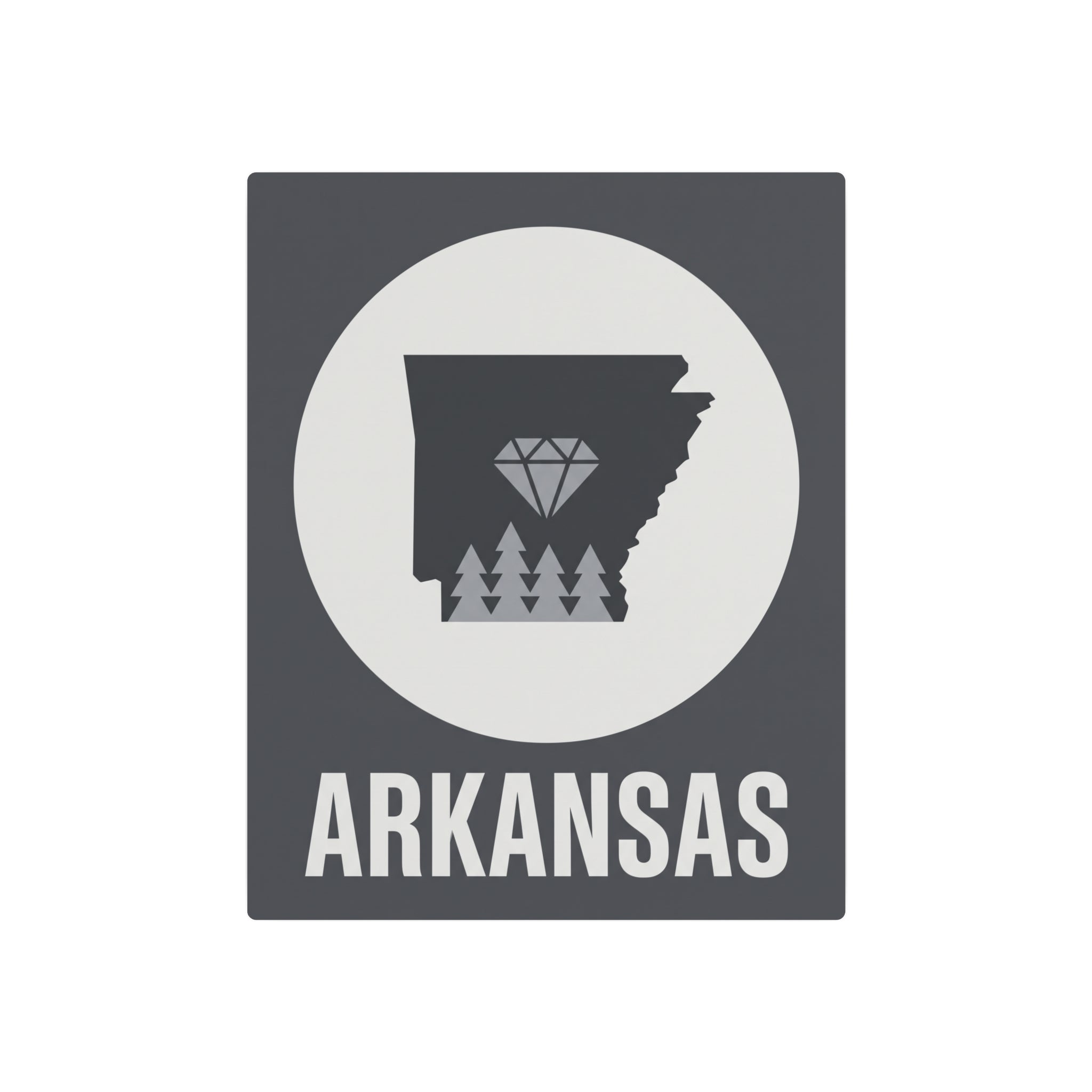 Arkansas metal wall sign, dark gray square with white circle and diamond-pines silhouette