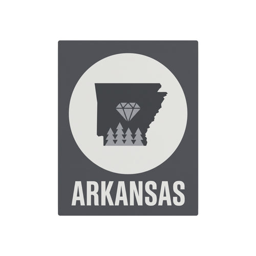 Arkansas metal wall sign, dark gray square with white circle and diamond-pines silhouette