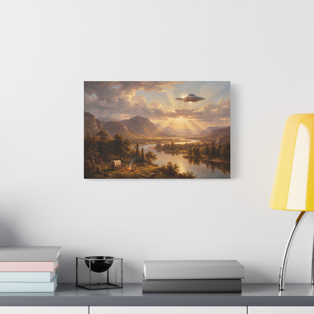 Small pastoral river landscape canvas print with mountains and a glowing UFO above