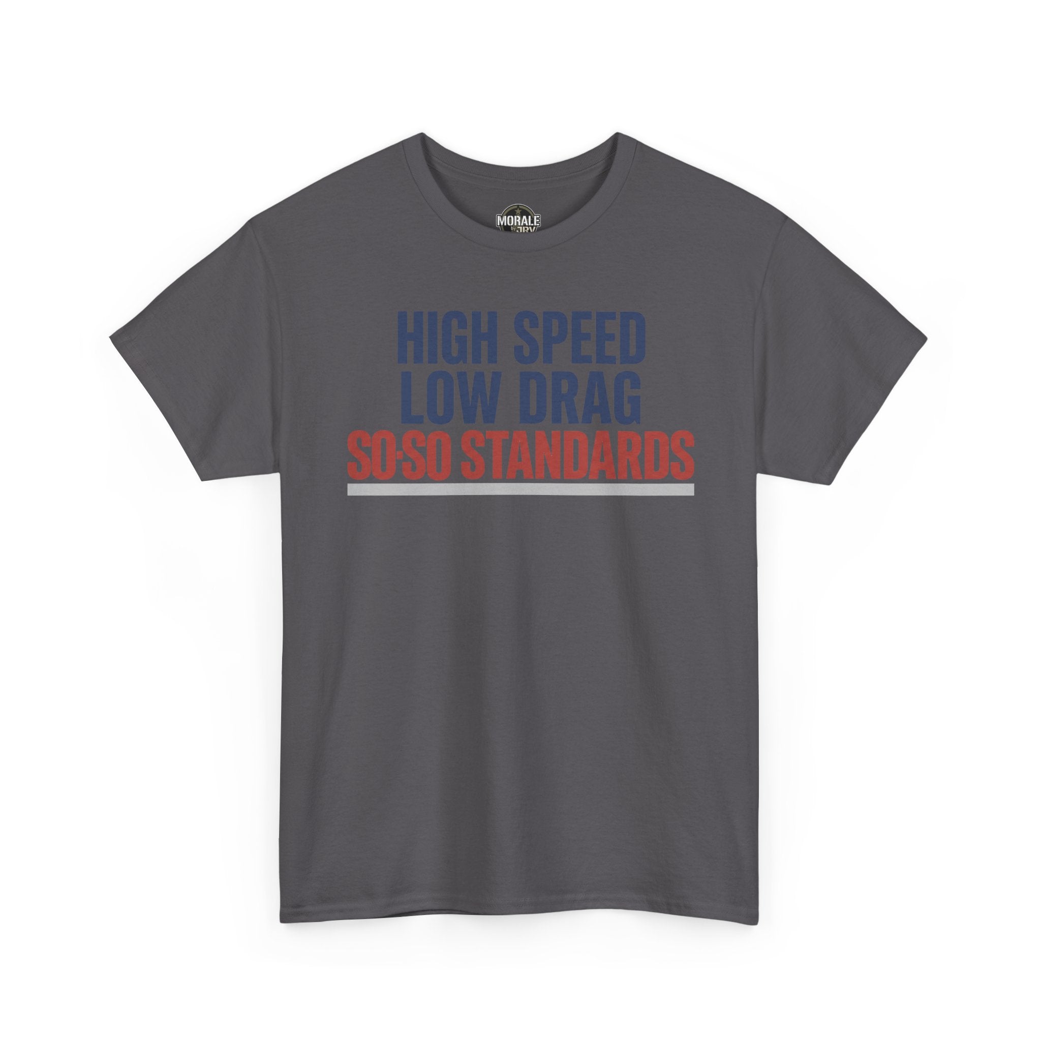 Charcoal gray T-shirt with crew neck, short sleeves, and colorful slogan graphic on front.