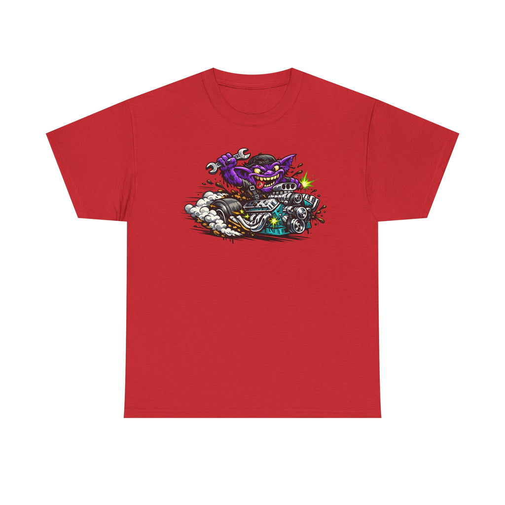 Red T-shirt with grinning purple cat biker motorcycle graphic