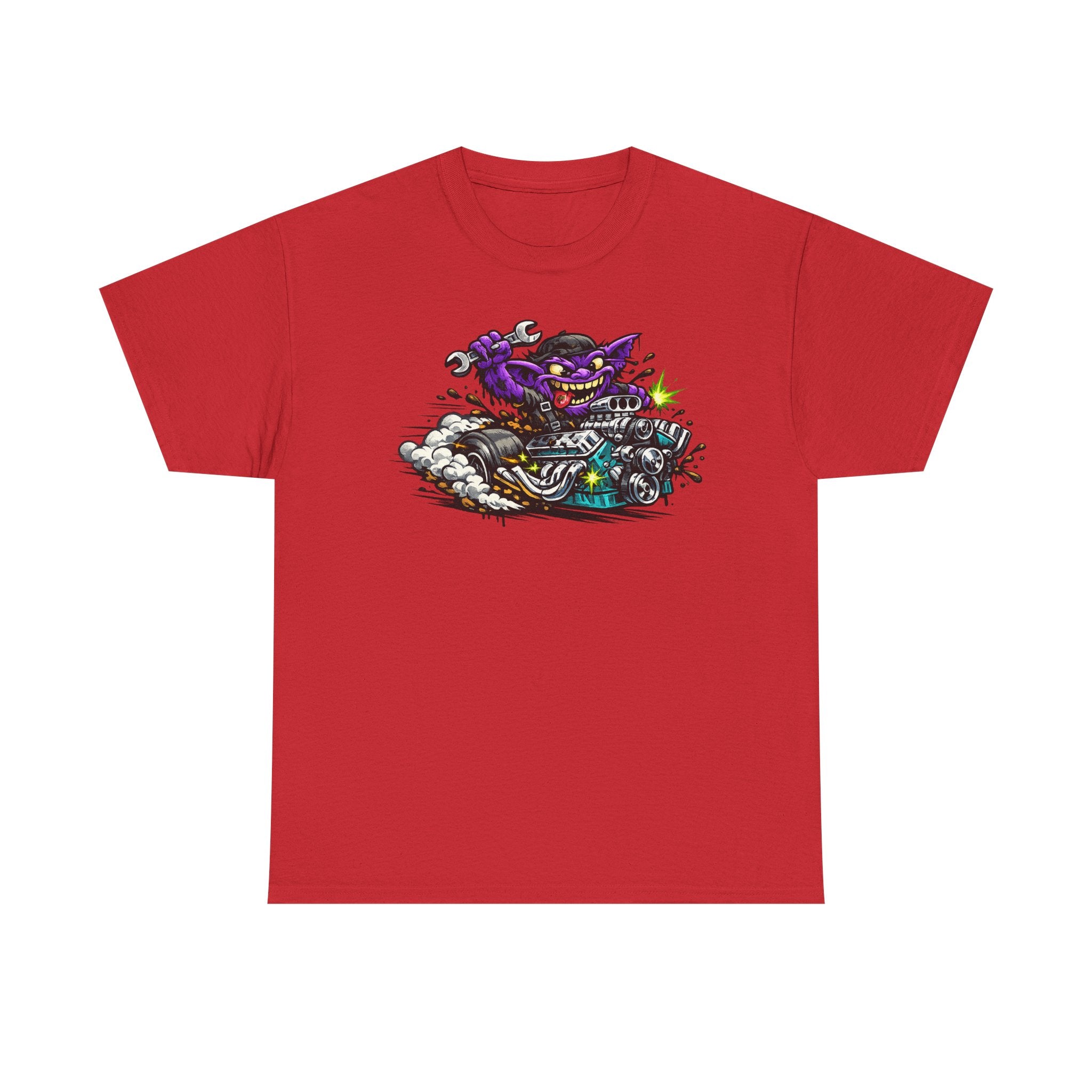 Red T-shirt with grinning purple cat biker motorcycle graphic