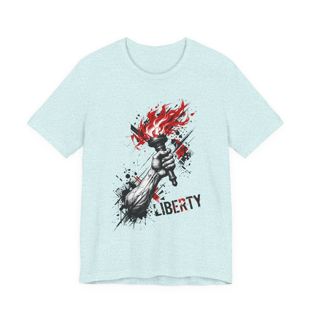 Light aqua crewneck T-shirt with flaming torch statue graphic and distressed “LIBERTY” text
