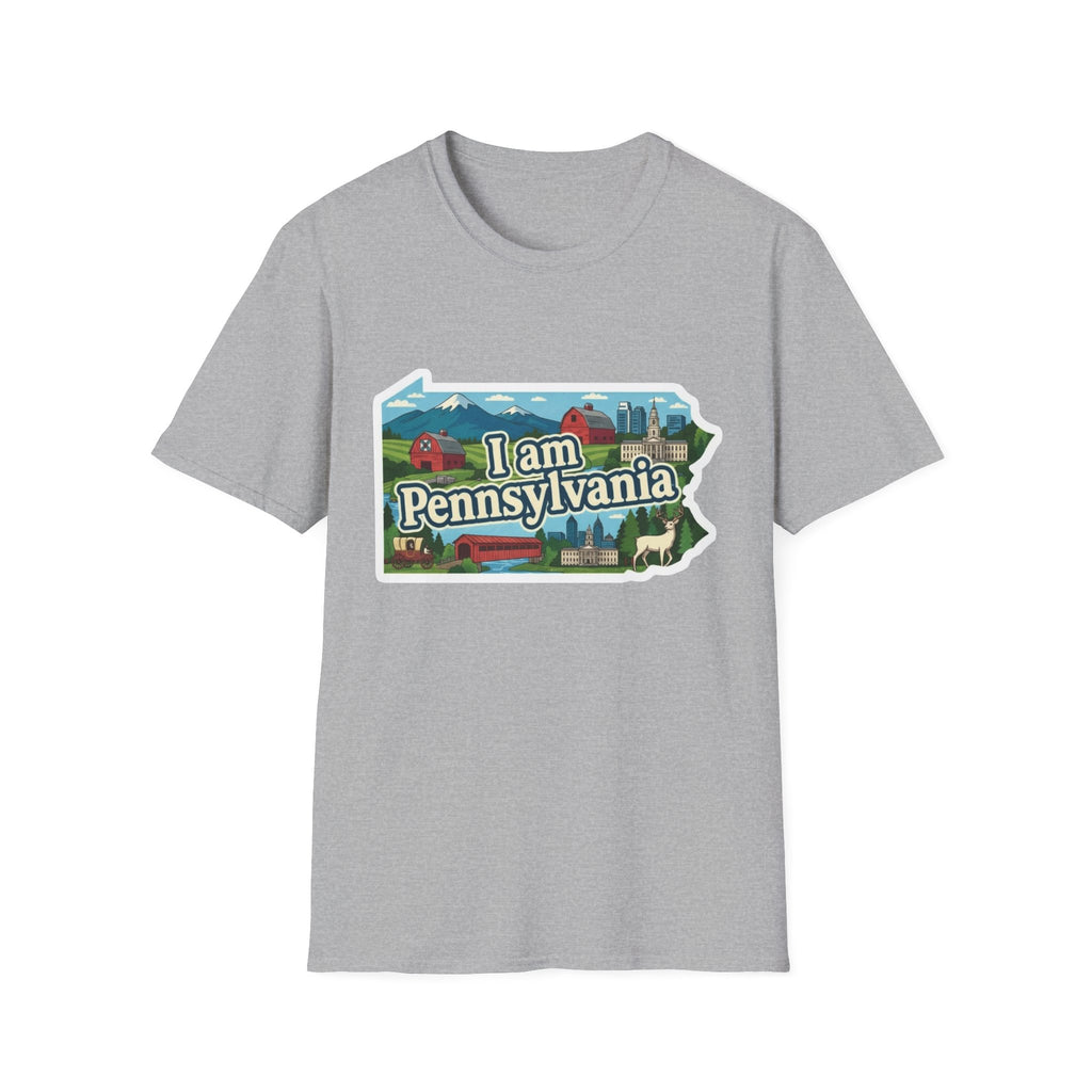 Sport Grey T-shirt with “I am Pennsylvania” map graphic and landmarks front print