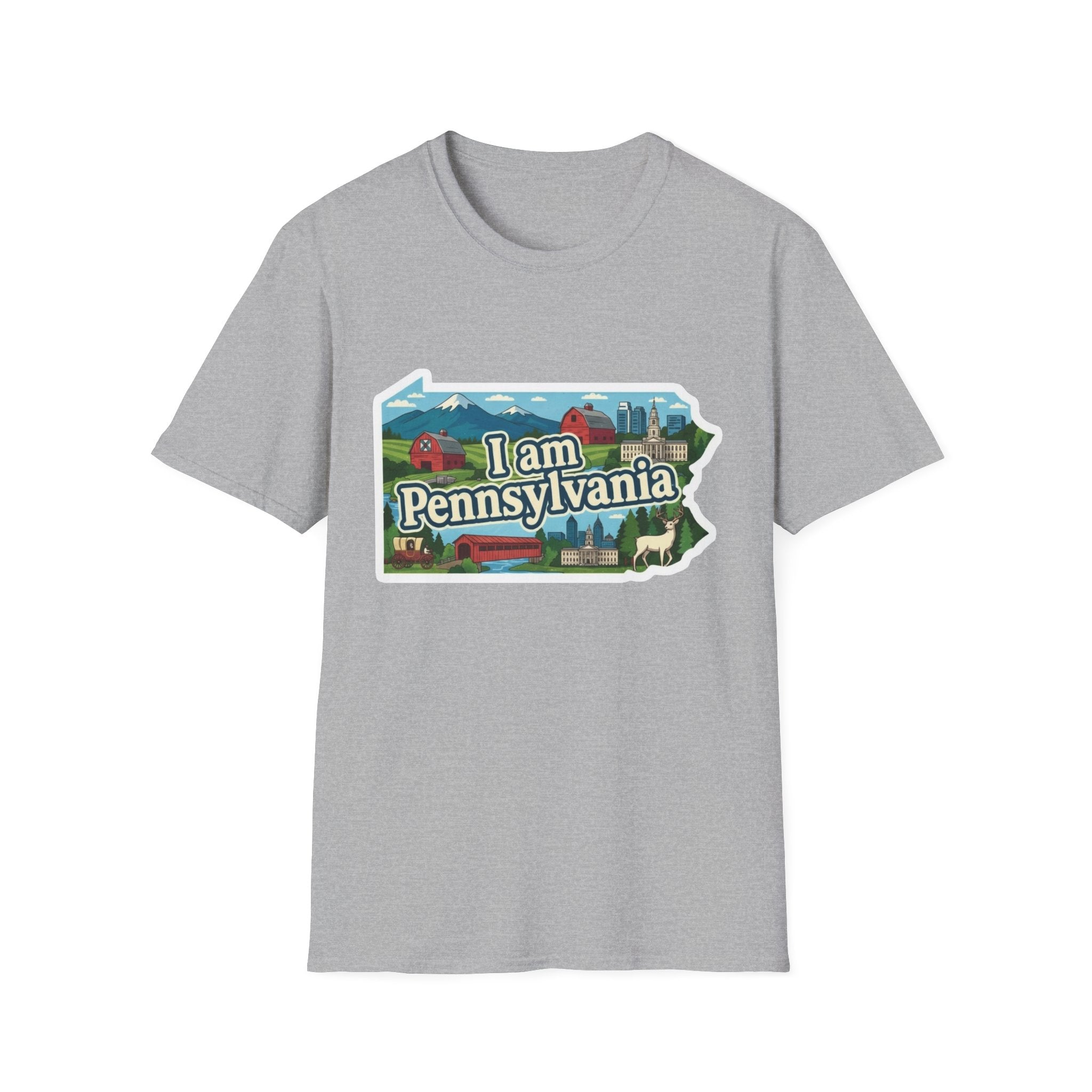 Sport Grey T-shirt with “I am Pennsylvania” map graphic and landmarks front print