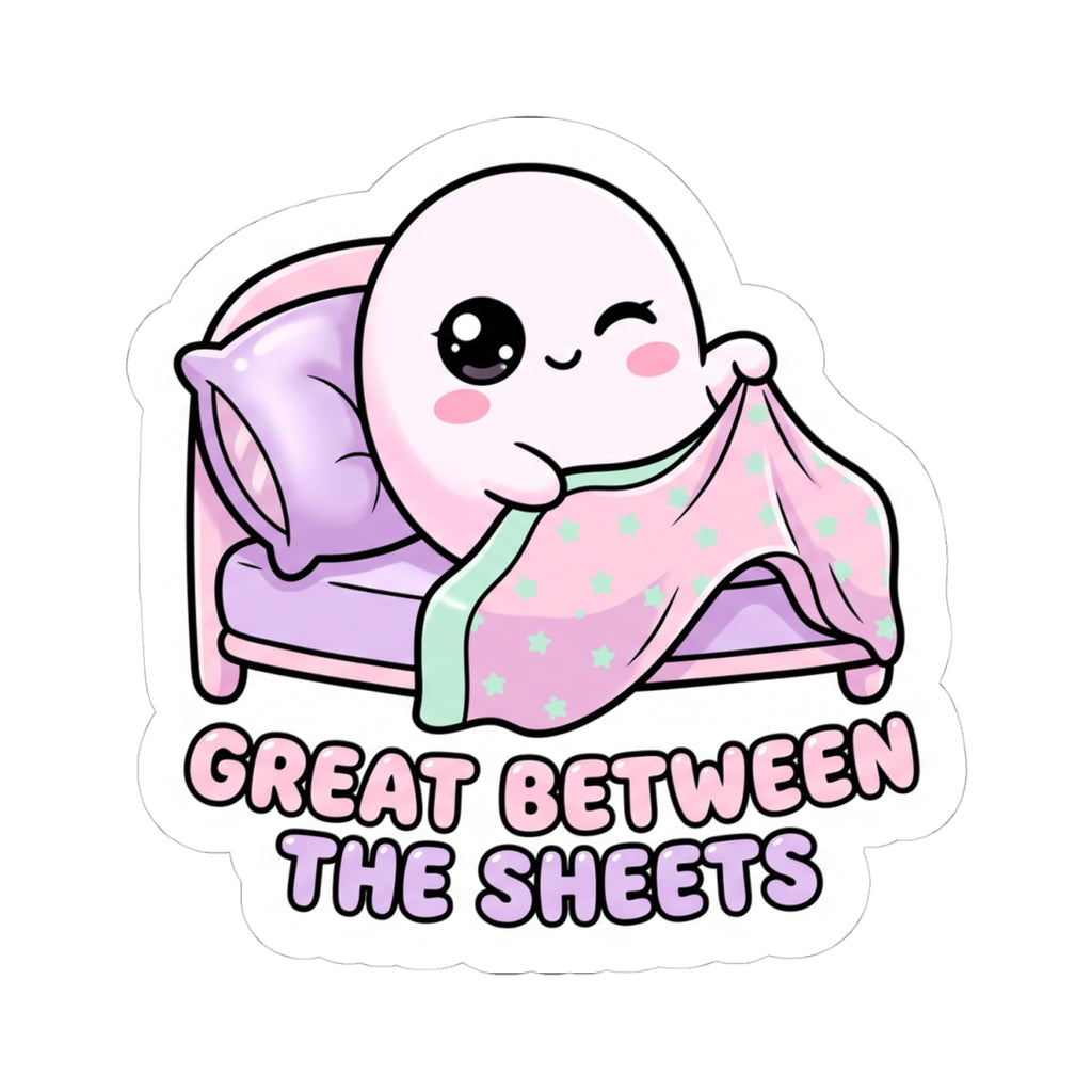 Kiss-cut sticker of cute ghost lying on purple bed, mint star blanket, “GREAT BETWEEN THE SHEETS”