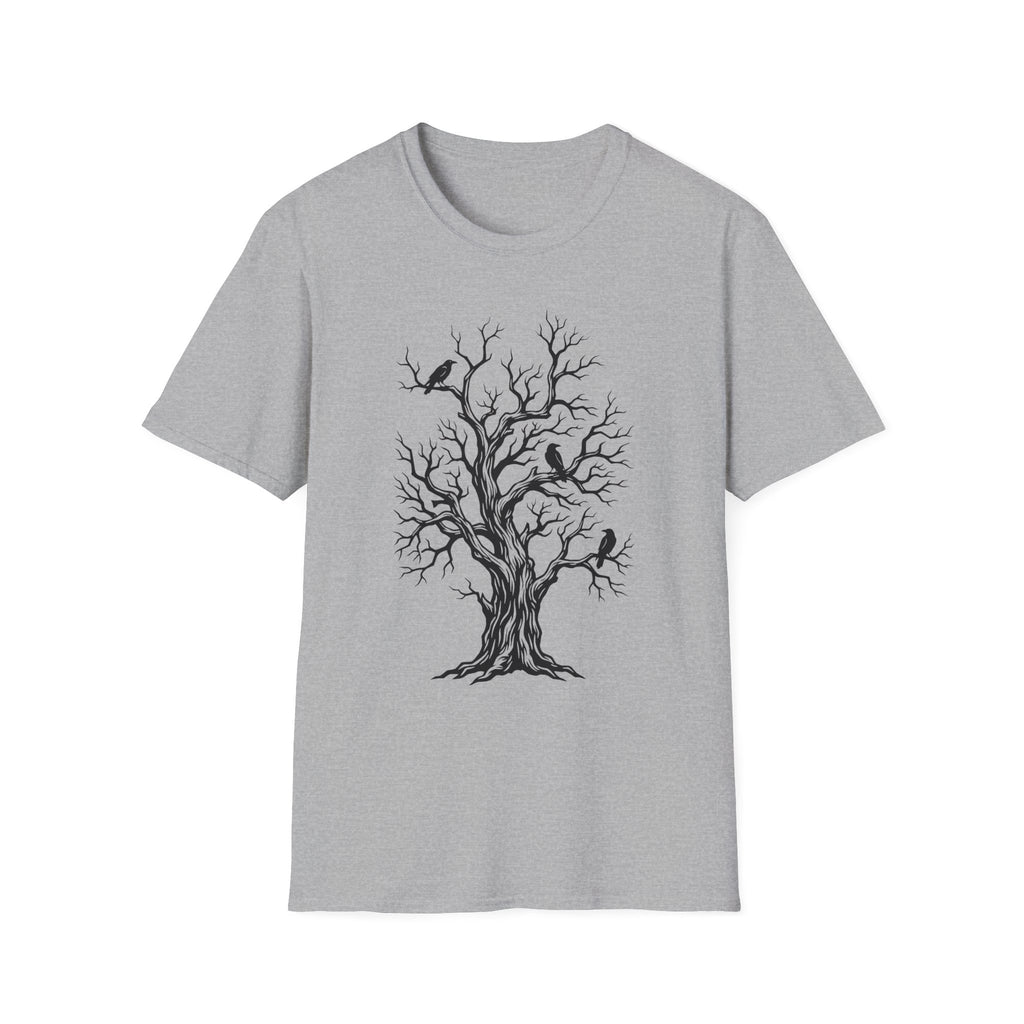 Grey T-shirt with bare tree and black crow graphic print