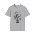 Grey T-shirt with bare tree and black crow graphic print