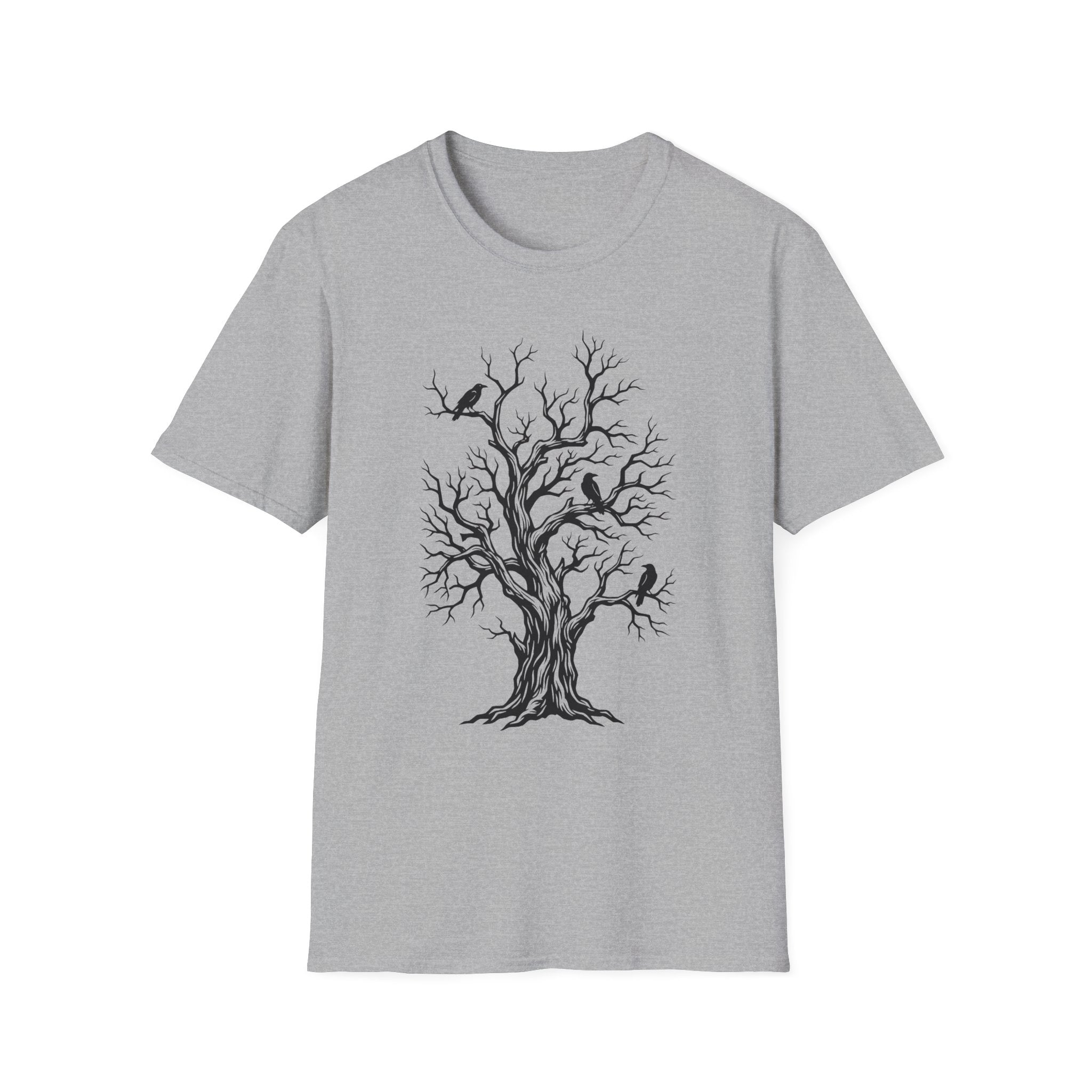 Grey T-shirt with bare tree and black crow graphic print