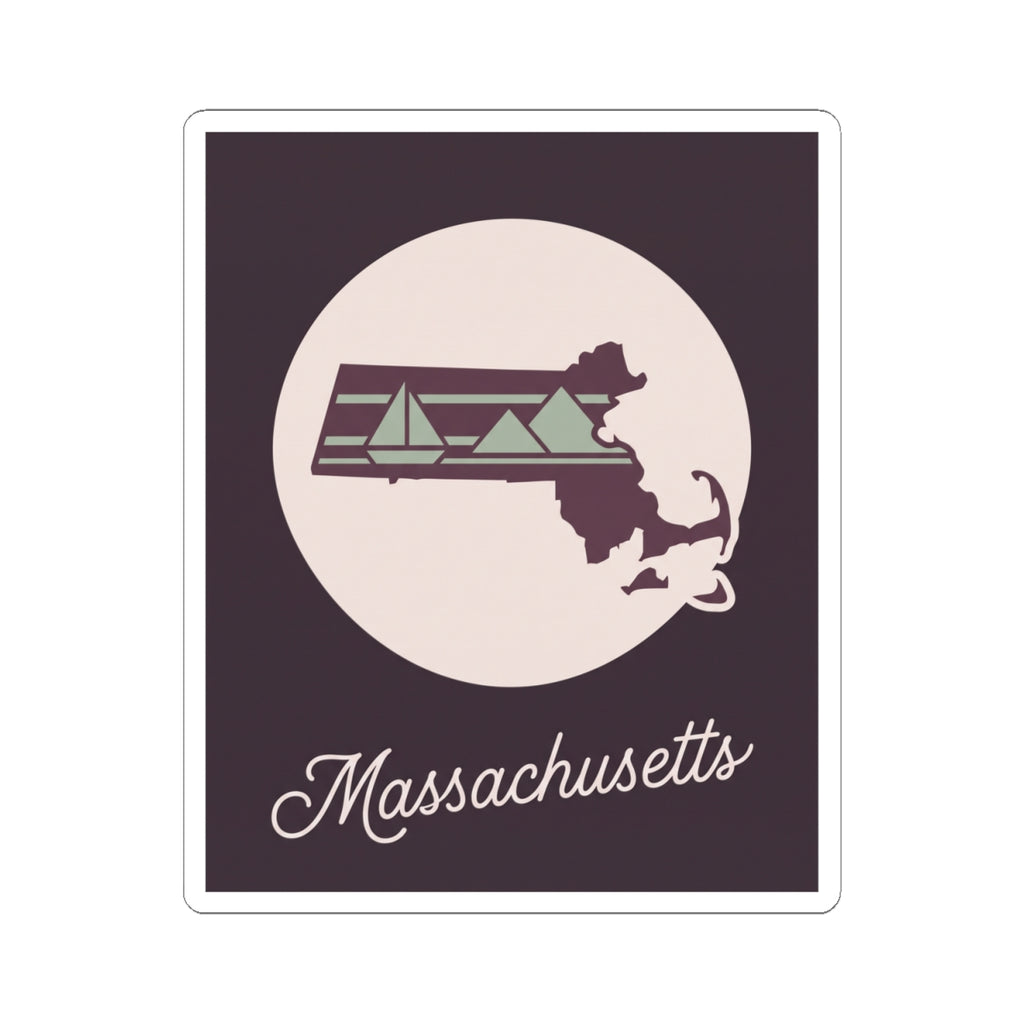 Massachusetts vinyl decal with state outline inside light circle and 'Massachusetts' script