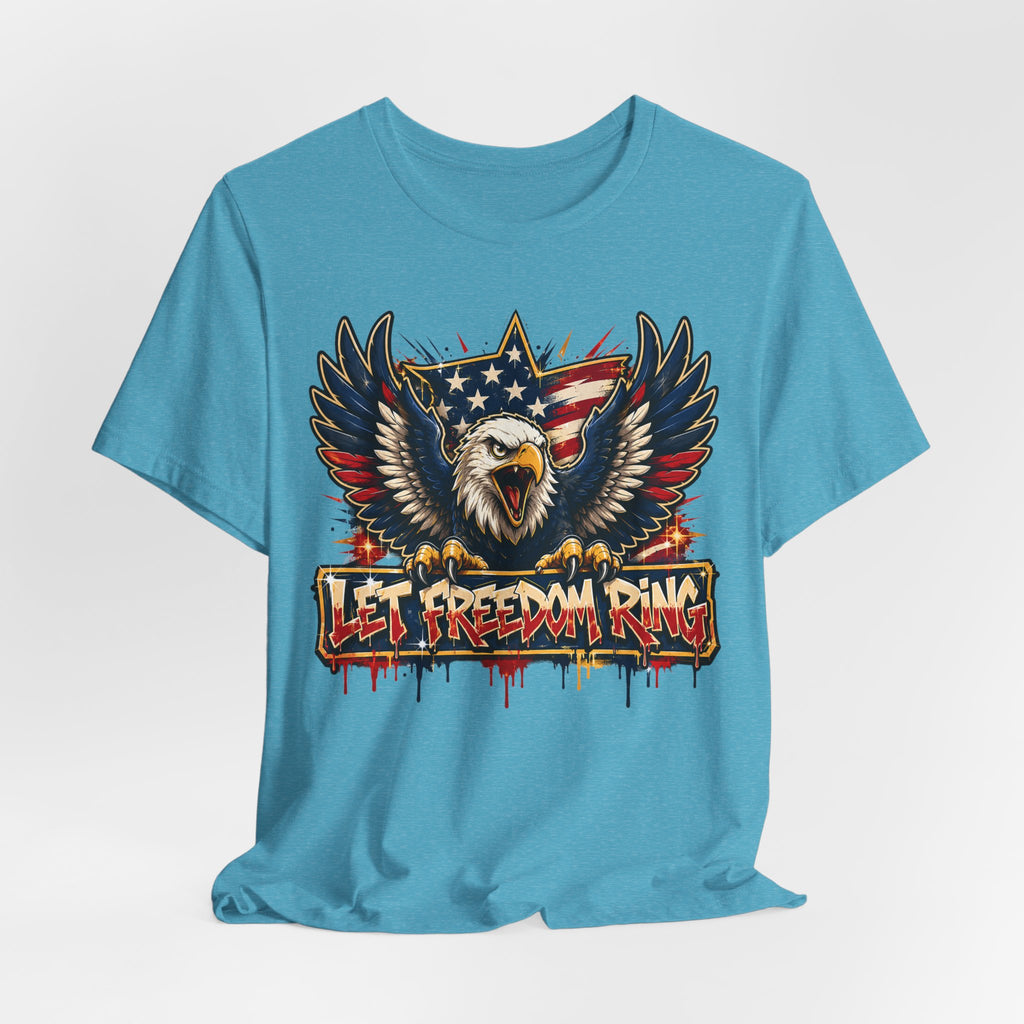 Aqua crew-neck T-shirt with bald eagle, wings, and patriotic text graphic