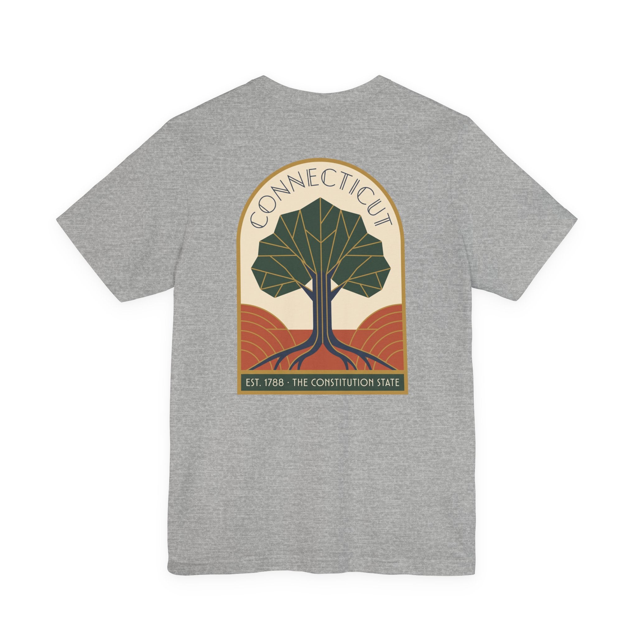 Connecticut tree graphic t-shirt, dark gray, front emblem with tree and “Connecticut” text
