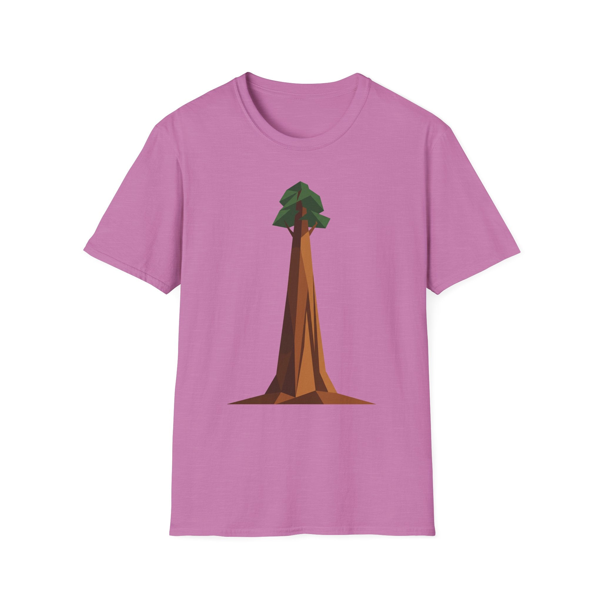 Geometric tree T-shirt, purple-pink base with low-poly redwood graphic on front