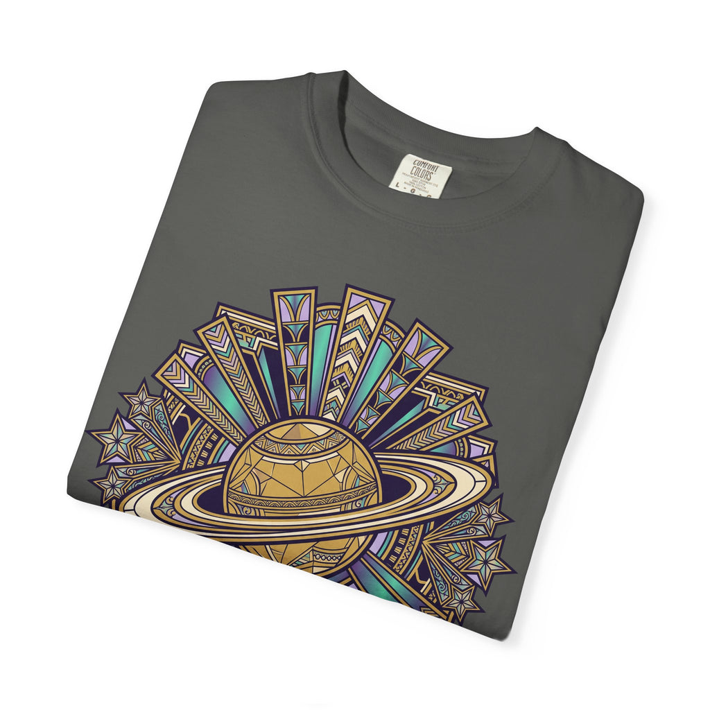 Dark gray crewneck T-shirt with multicolor Saturn ring mandala graphic