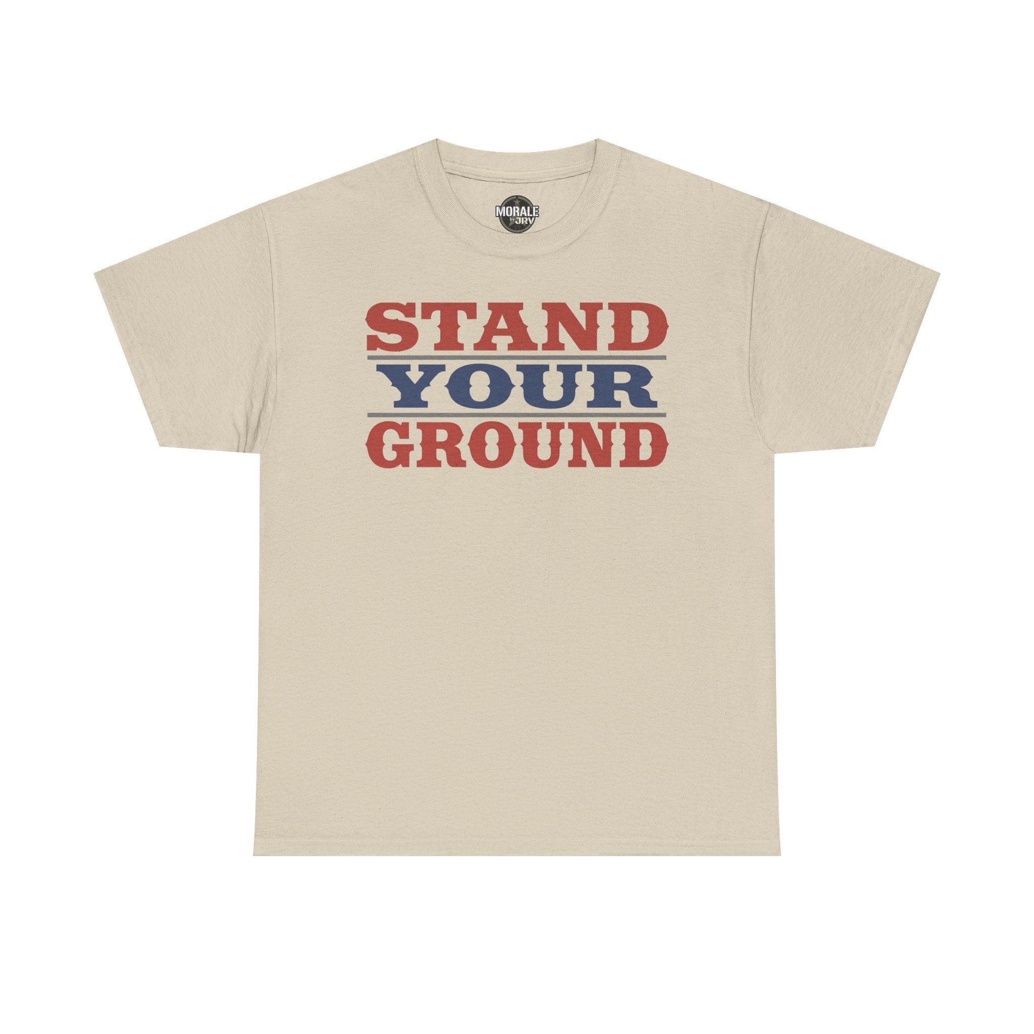 Sand crewneck T-shirt with red and blue "STAND YOUR GROUND" vintage text print
