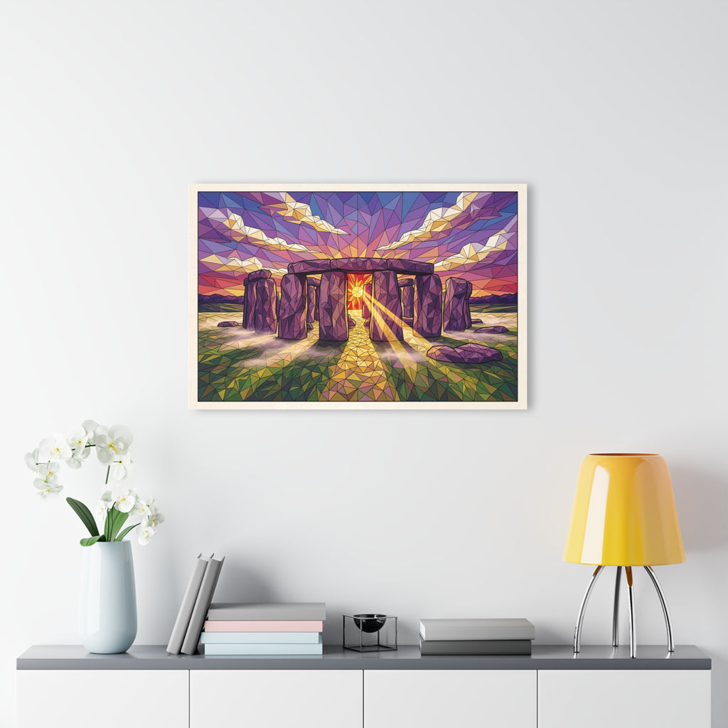 Geometric landscape acrylic print with sunset rays and stone circles; black-framed