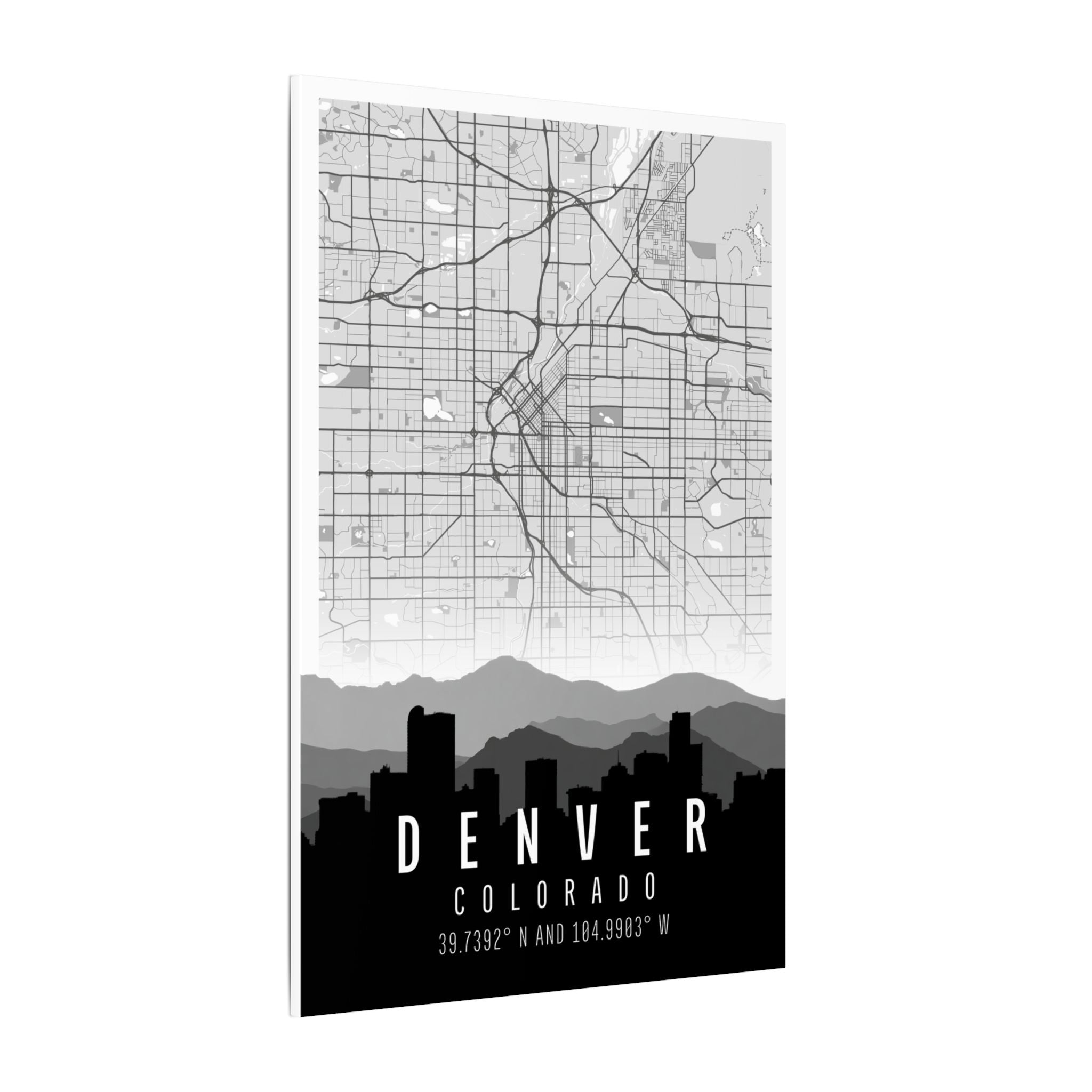 Denver skyline map canvas with white border and graphic skyline over the map of Denver.