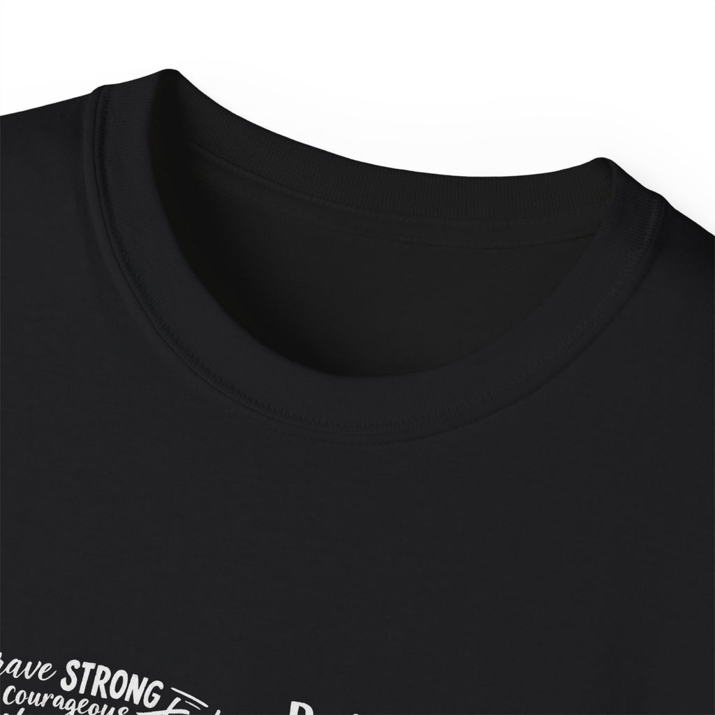 Black crewneck Life tee, close-up of collar and partial word-cloud print