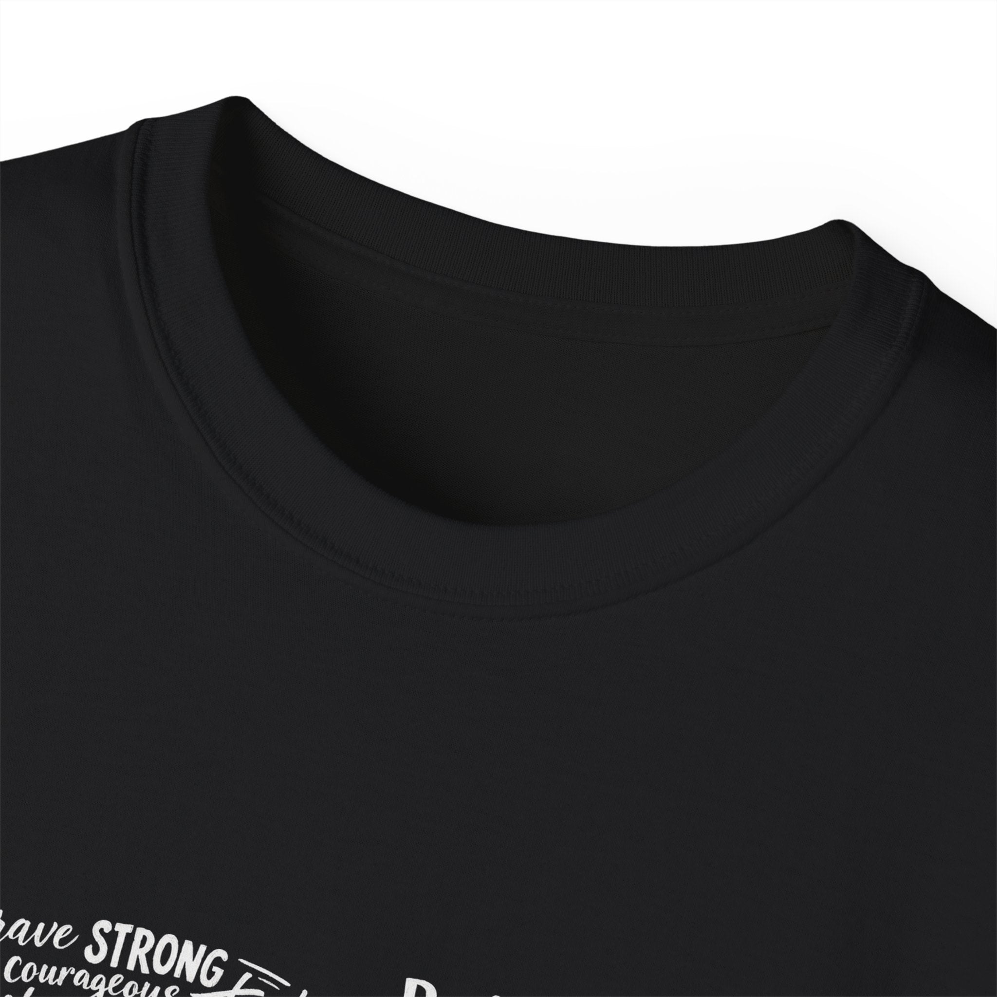Black crewneck Life tee, close-up of collar and partial word-cloud print