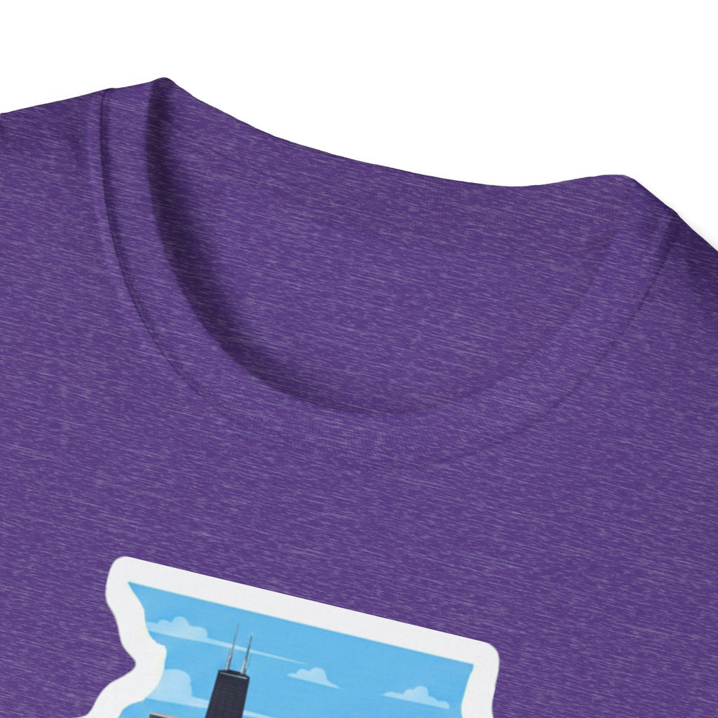 Purple heather T-shirt, crew neck; partial skyline/farmland graphic at bottom
