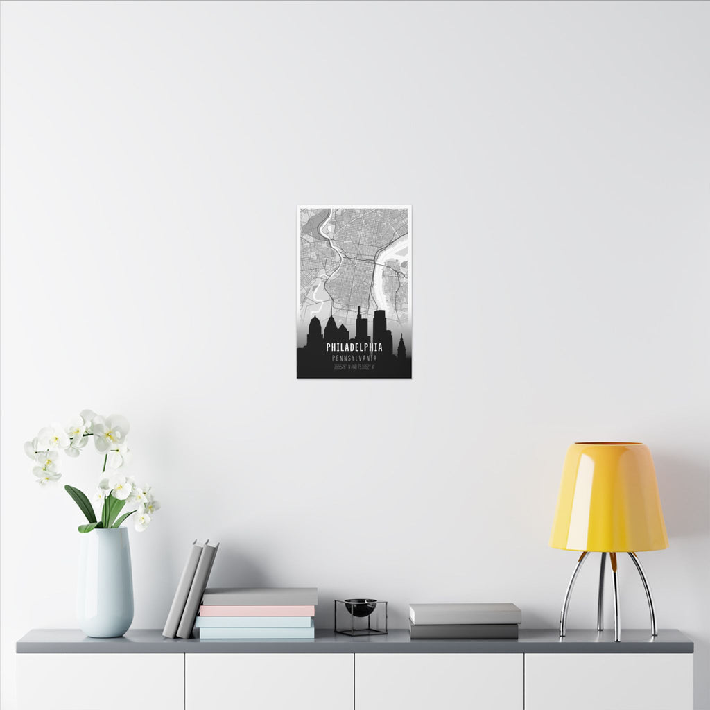 Small Philadelphia skyline map canvas with black city silhouette and coordinate text