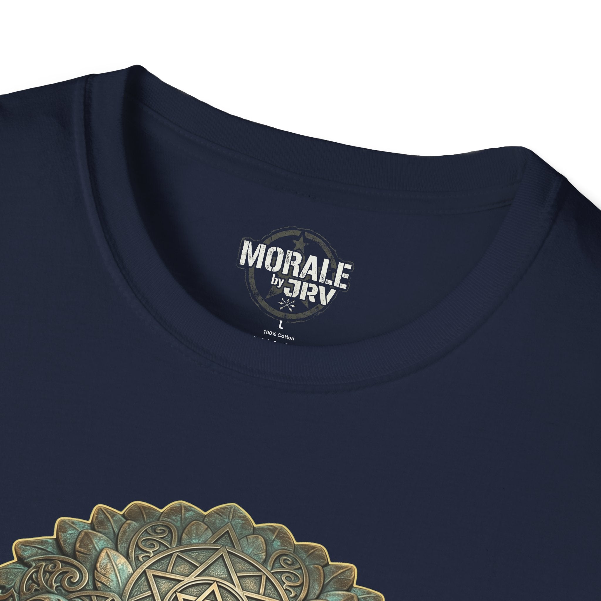 Navy T-shirt with back neck label and partial eagle head design